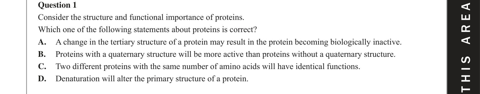 Biology 2017 Exam Question 1 — Hierarchical protein structure levels, Proteome diversity and enzyme function