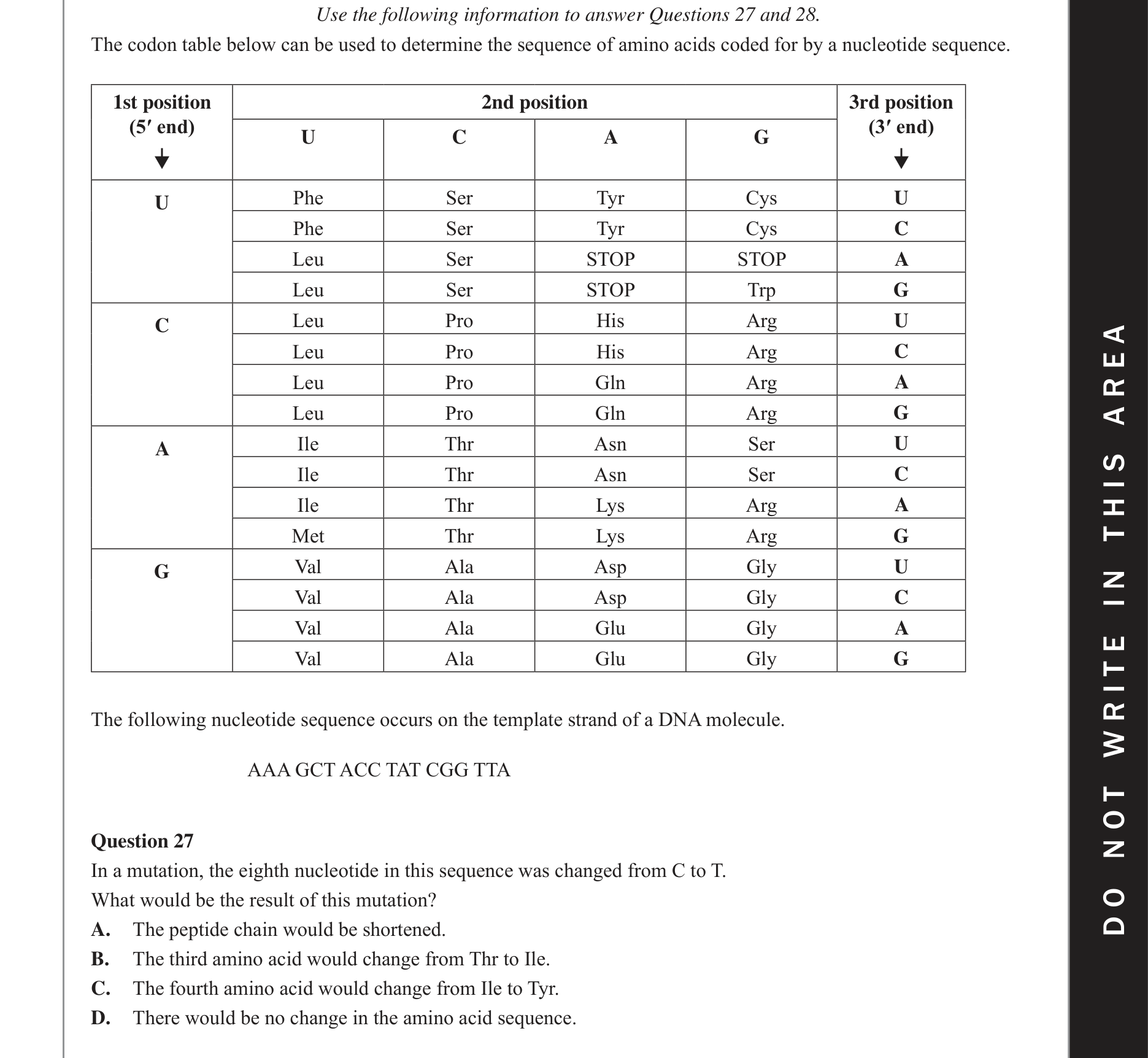 Biology 2017 Exam Question 27 — Universal triplet genetic code and degeneracy, Mutations as source of new alleles