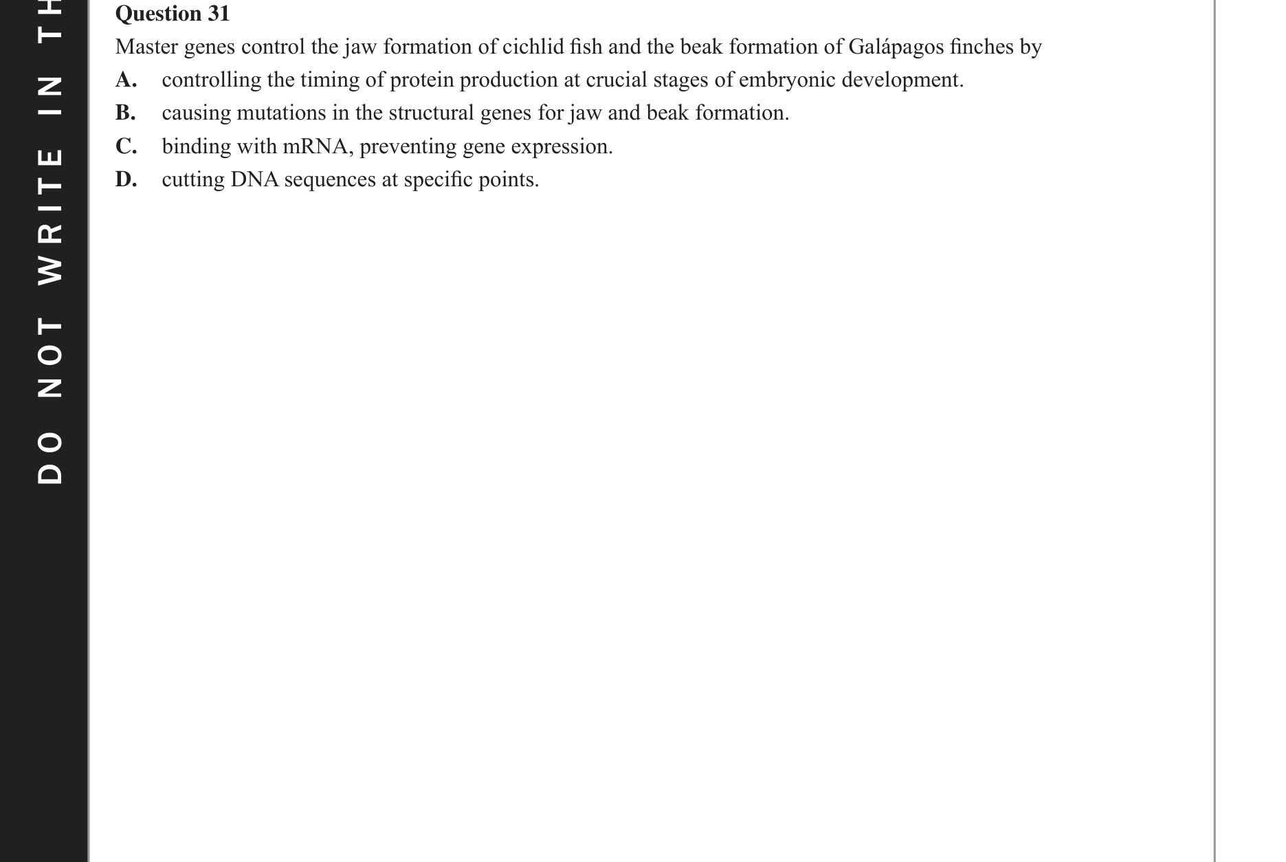 Biology 2017 Exam Question 31 — Allopatric speciation: Galapagos finches, Gene structure: exons, introns, promoters
