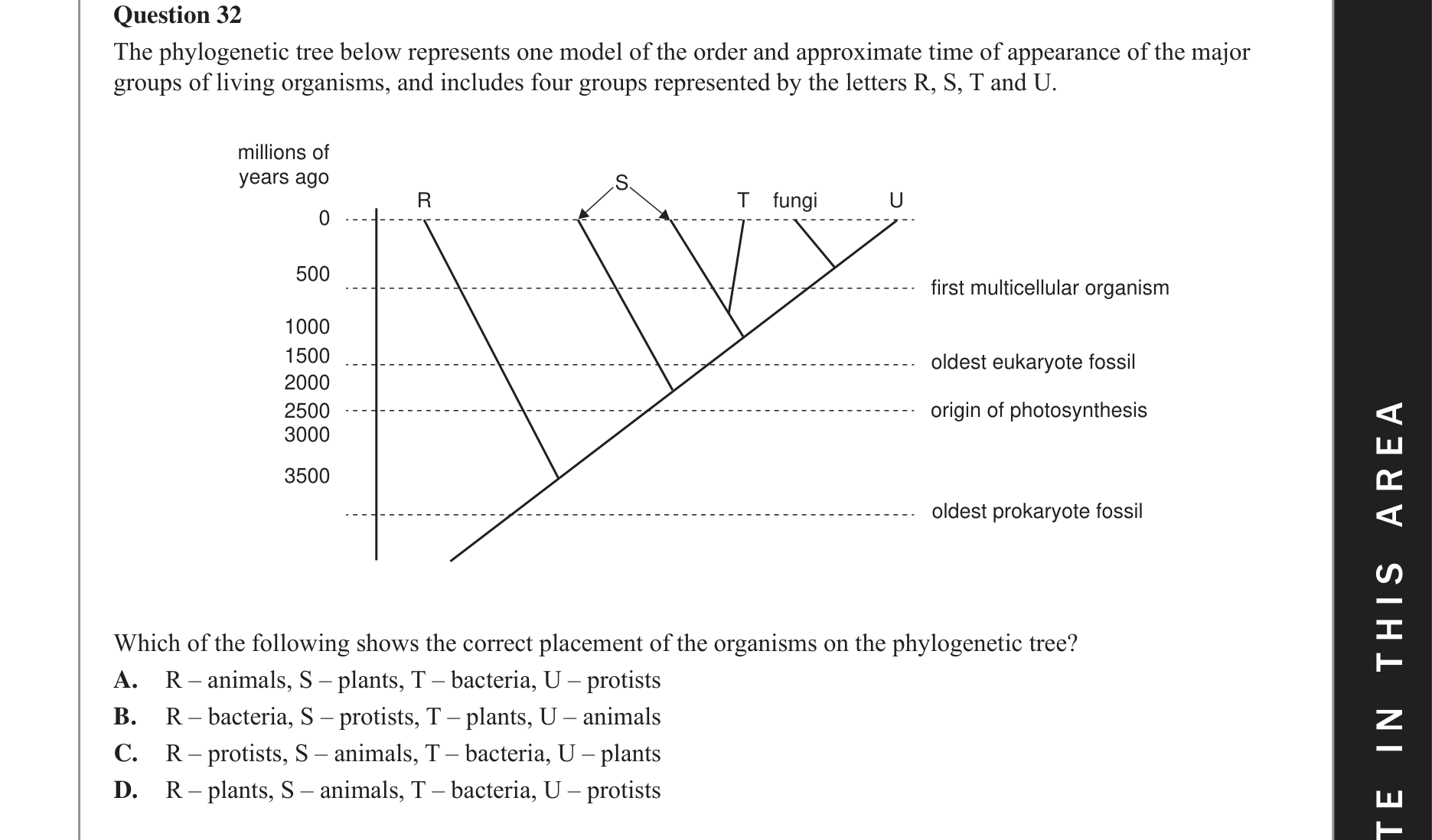 Biology 2017 Exam Question 32 — Phylogenetic tree construction and interpretation