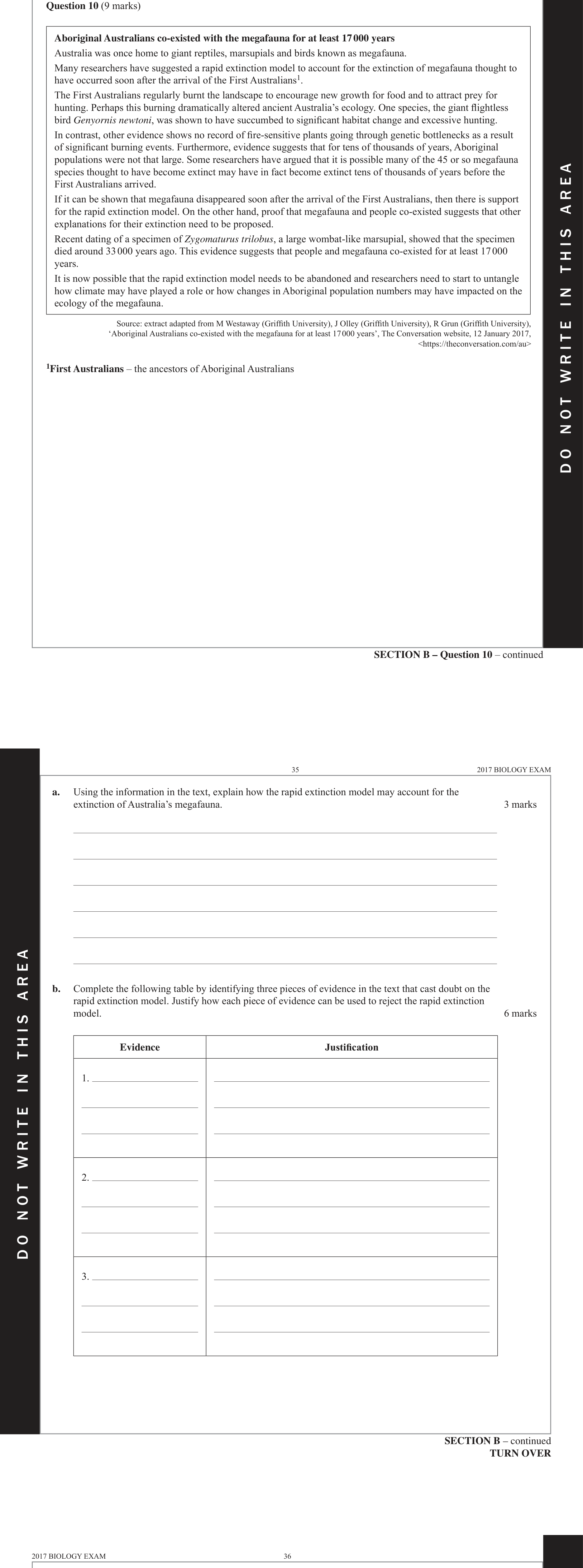 Biology 2017 Exam Question 10(b) — Fossil record and faunal succession, Aboriginal and Torres Strait Islander migration, Data analysis and limitations identification