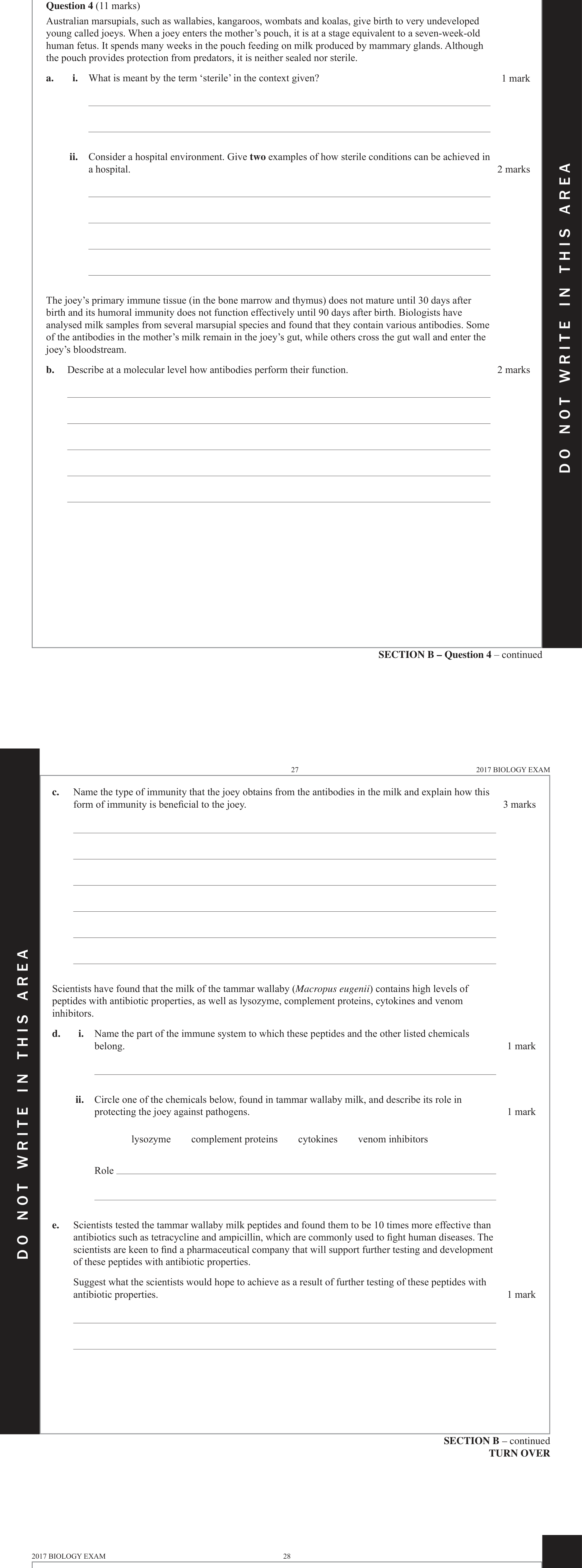 Biology 2017 Exam Question 4(d)(i) — Complement proteins and interferons, Physical, chemical and microbiota barriers