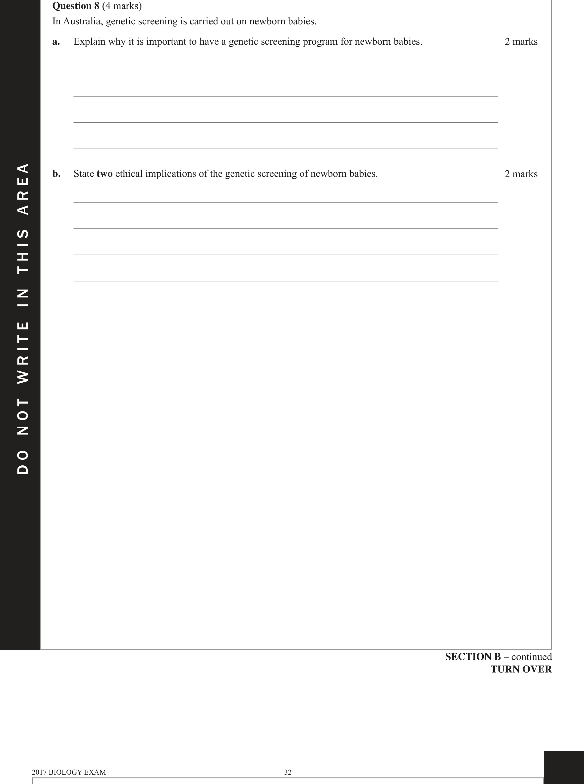 Biology 2017 Exam Question 8(b) — Ethical guidelines and bioethics concepts