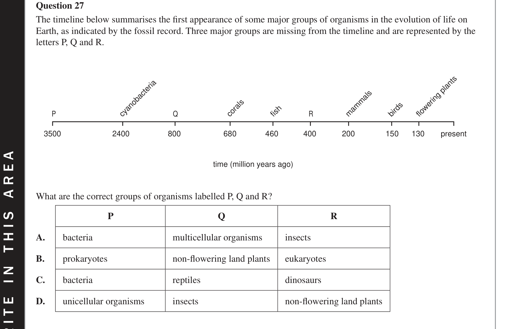 Biology 2018 Exam Question 27 — Fossil record and faunal succession