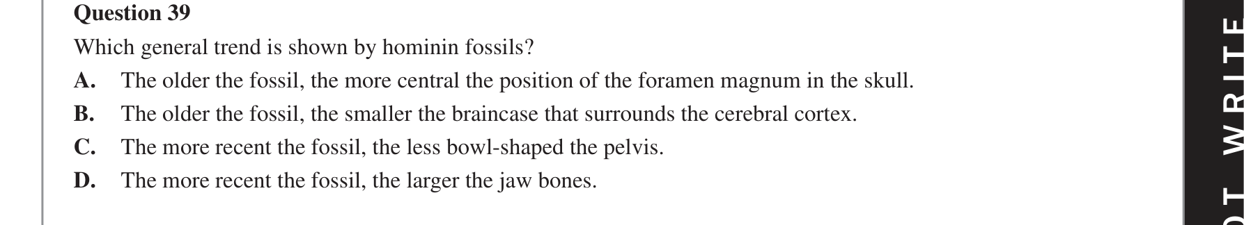 Biology 2018 Exam Question 39 — Australopithecus to Homo trends, Brain size and limb structure changes