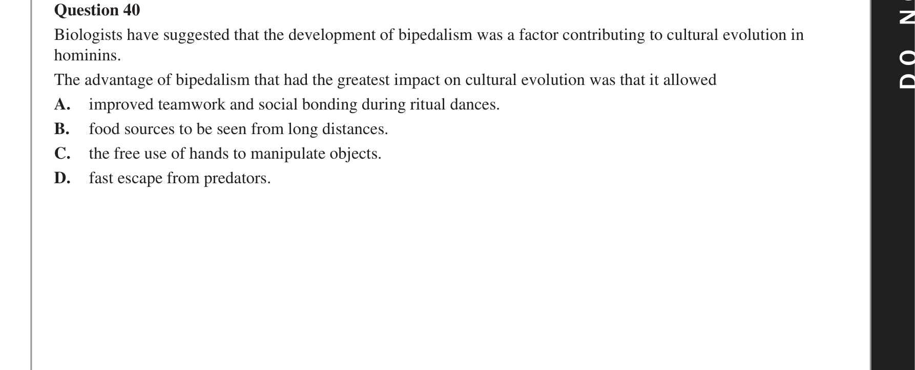 Biology 2018 Exam Question 40 — Brain size and limb structure changes