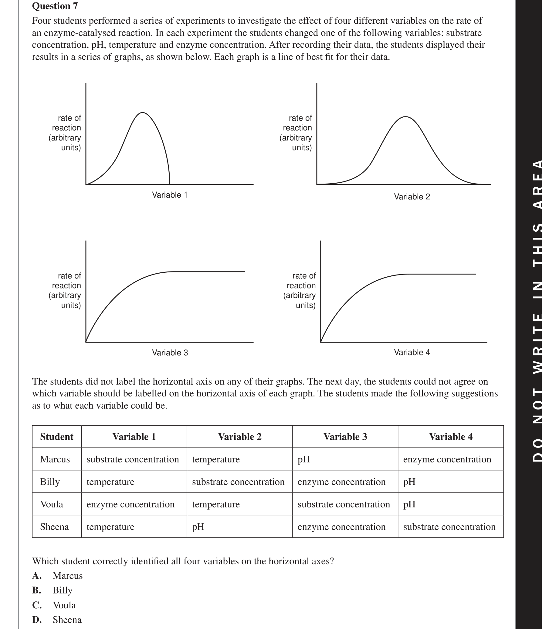 Biology 2018 Exam Question 7 — Factors affecting enzyme function, Temperature and pH effects on enzymes