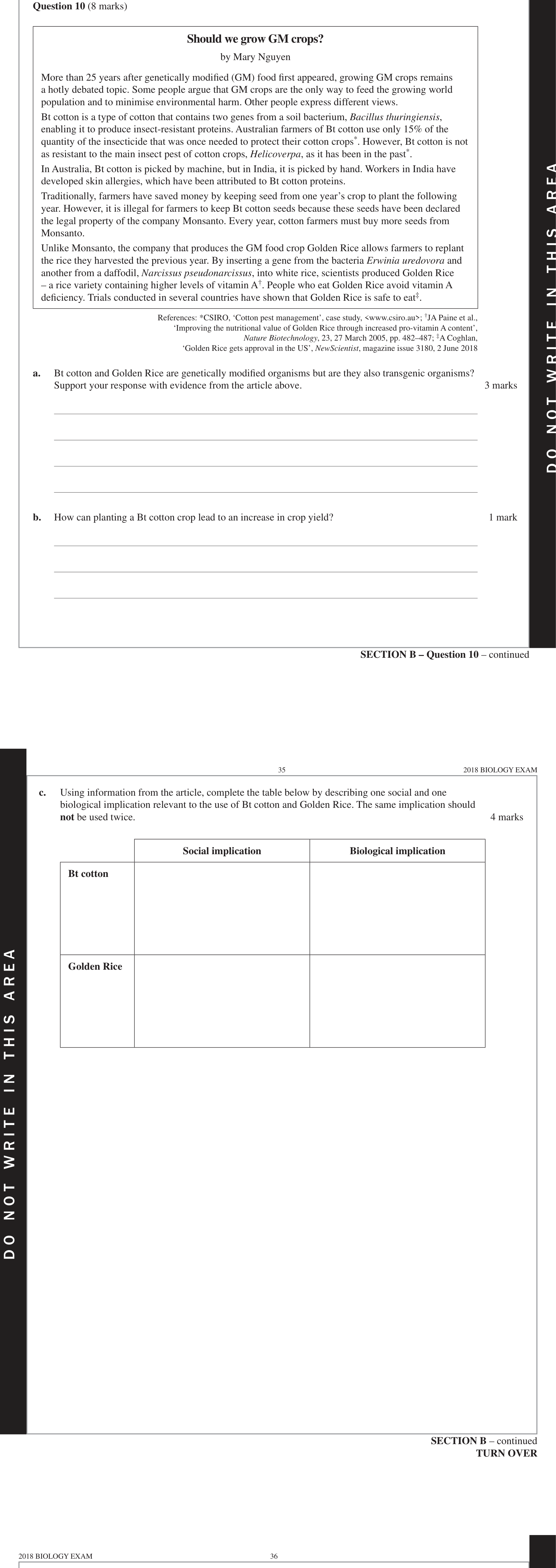 Biology 2018 Exam Question 10(c) — Agricultural applications of gene technology, Ethical guidelines and bioethics concepts