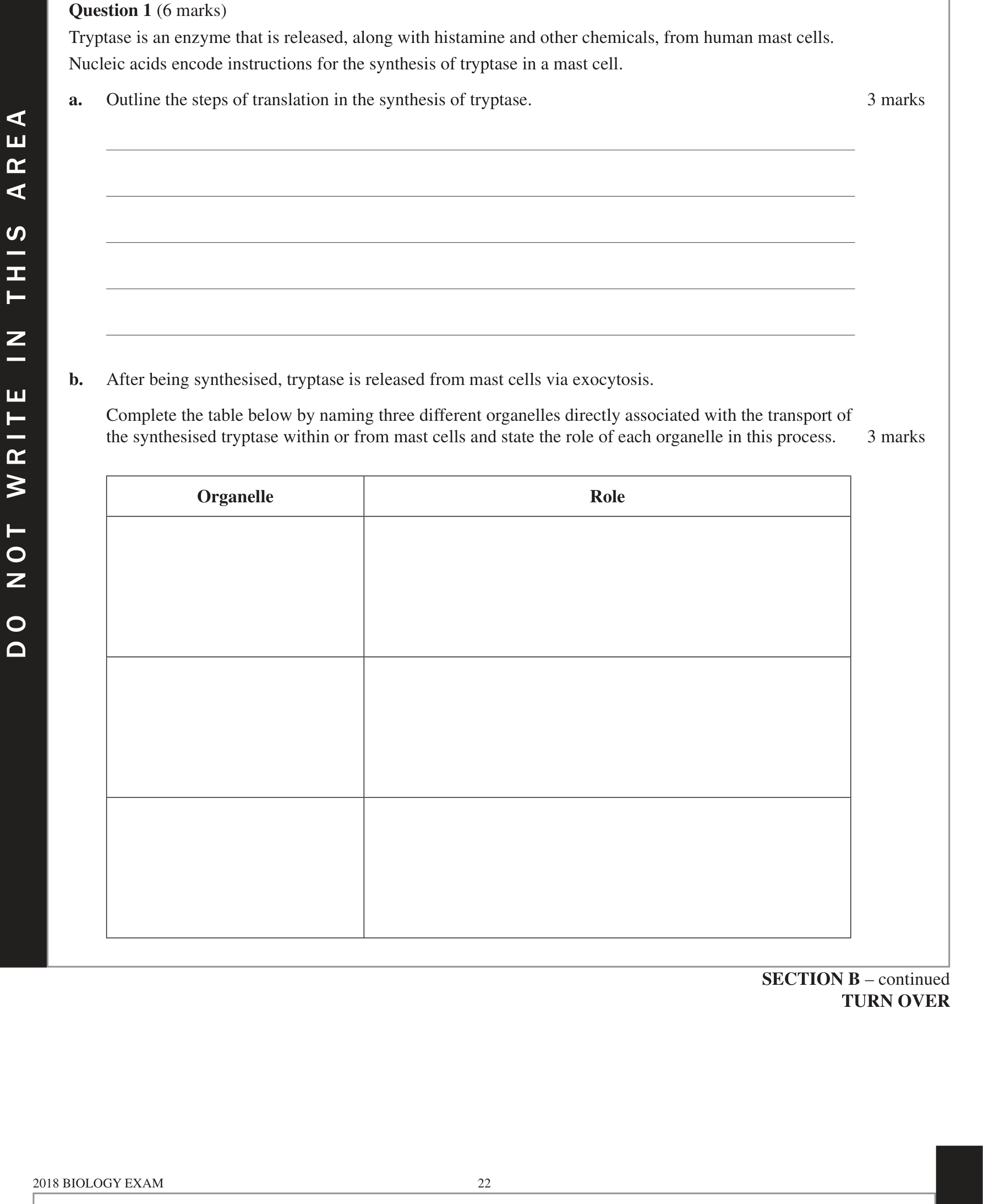 Biology 2018 Exam Question 1(a) — Translation by ribosomes