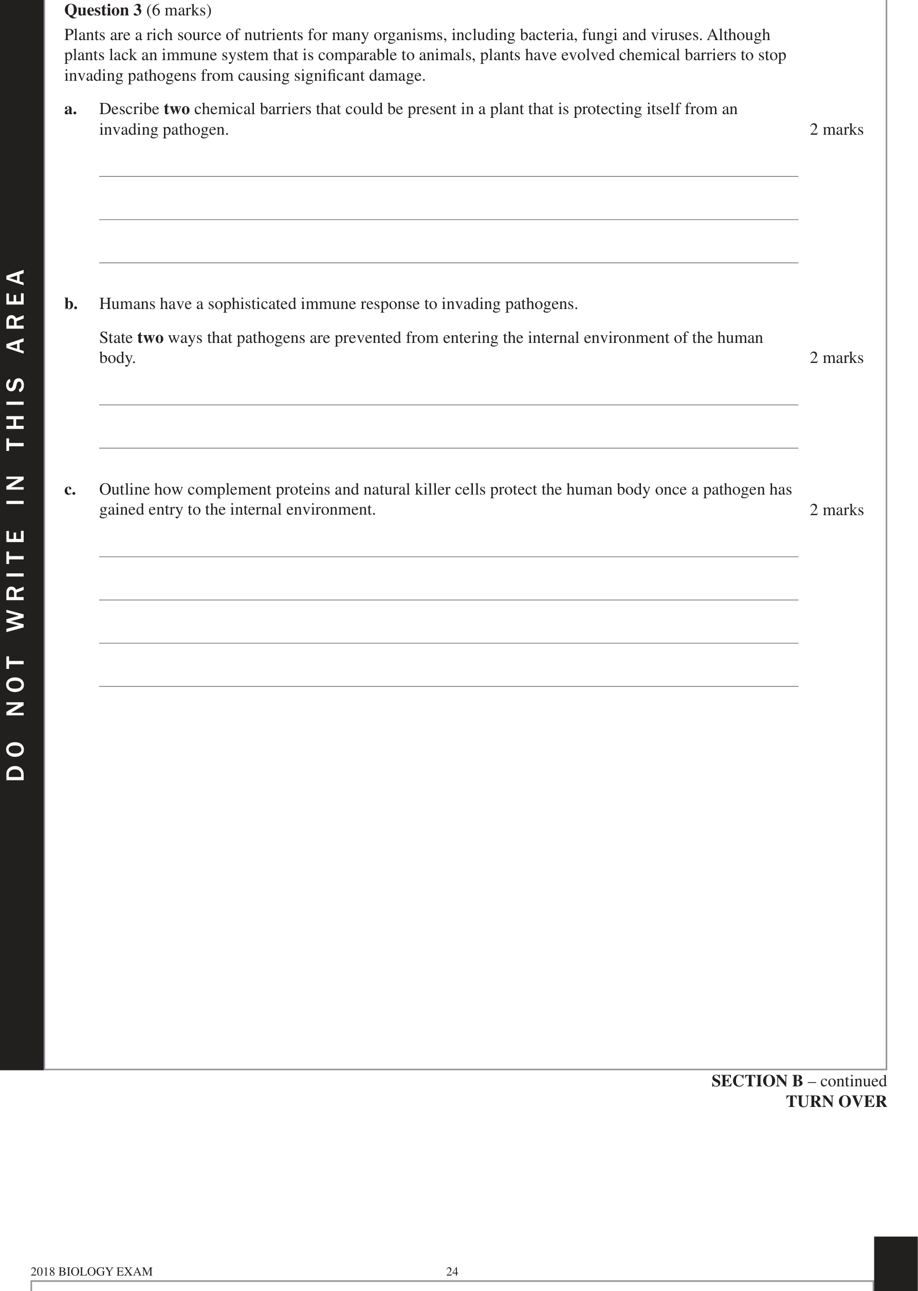 Biology 2018 Exam Question 3(c) — Complement proteins and interferons, Innate immune cell roles