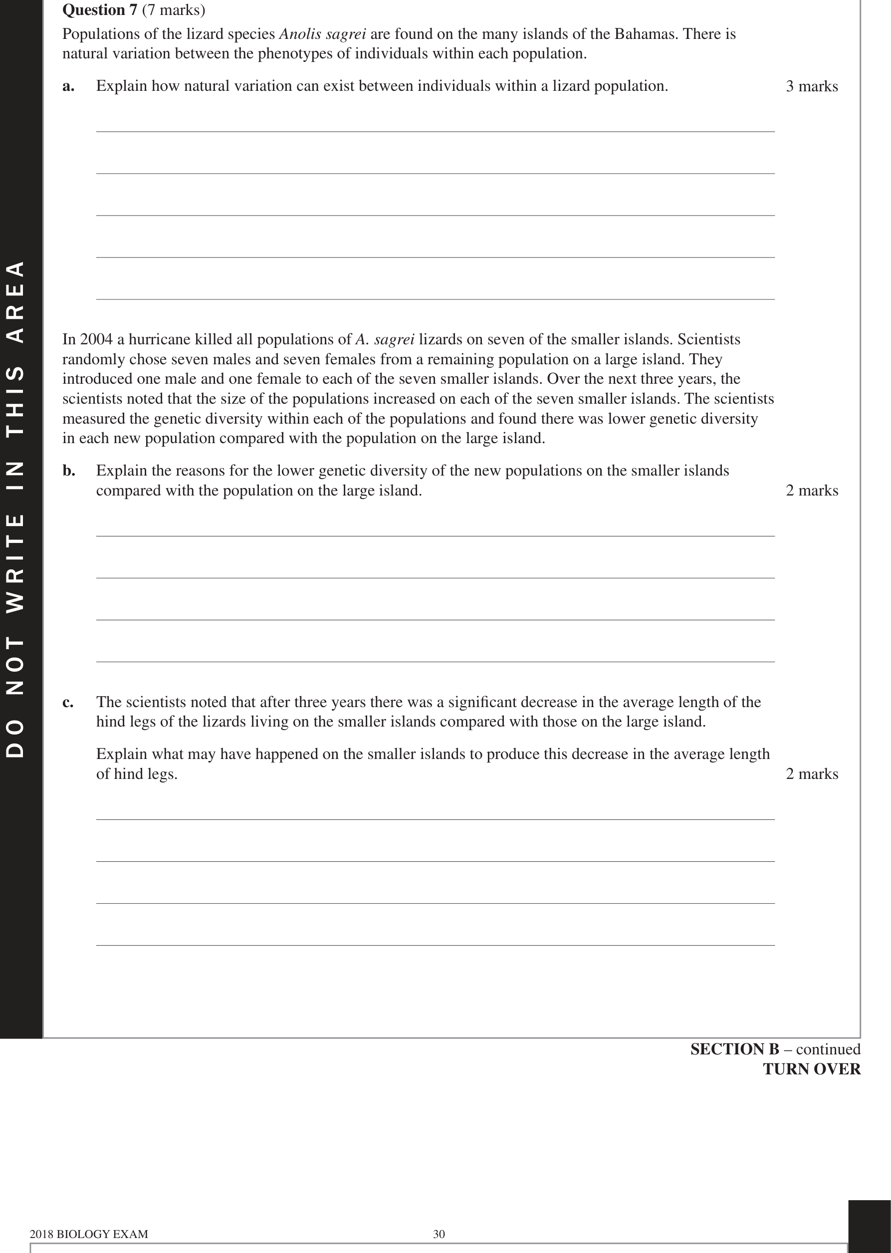 Biology 2018 Exam Question 7(c) — Environmental selection pressures, Consequences of changing allele frequencies