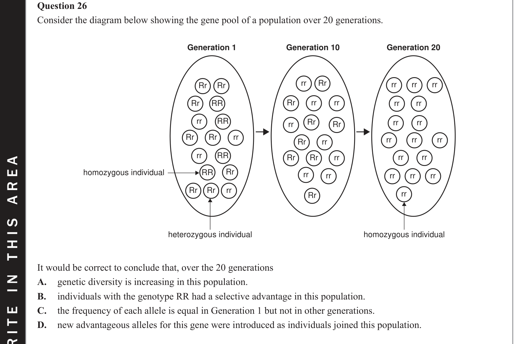 Biology 2019 Exam Question 26 — Consequences of changing allele frequencies, Genetic drift and gene flow