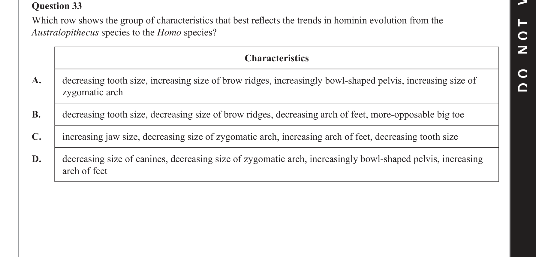 Biology 2019 Exam Question 33 — Australopithecus to Homo trends, Brain size and limb structure changes