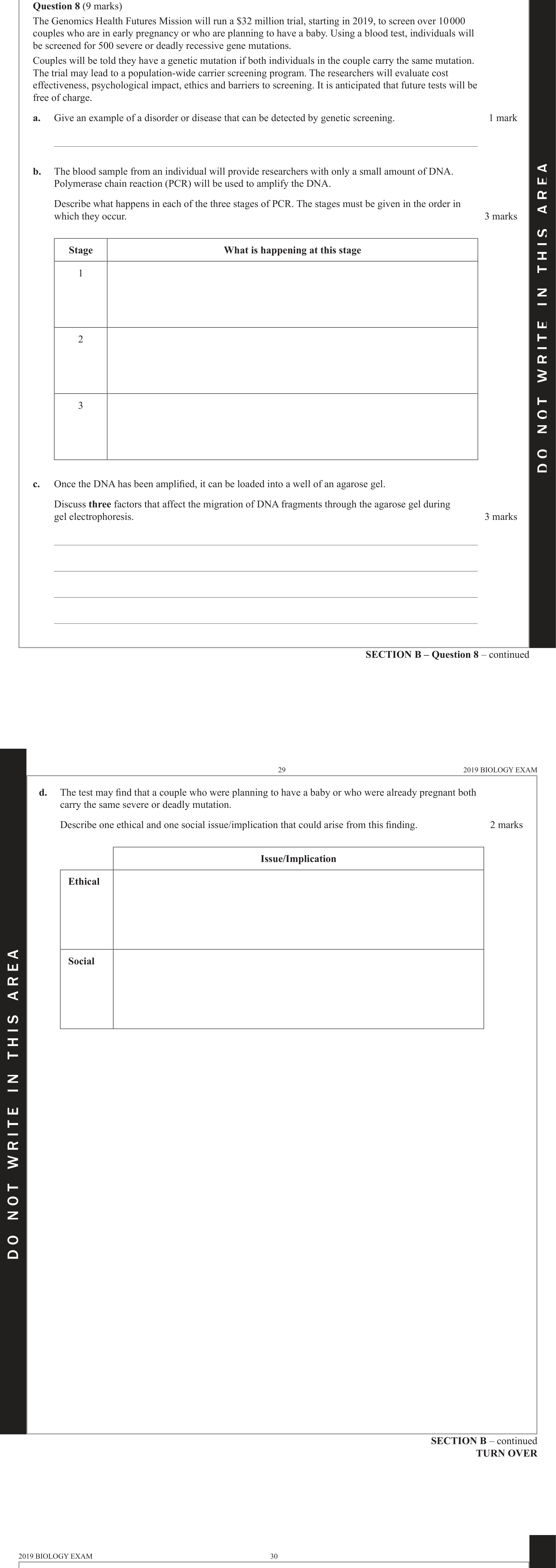 Biology 2019 Exam Question 8(c) — Gel electrophoresis and DNA profiling