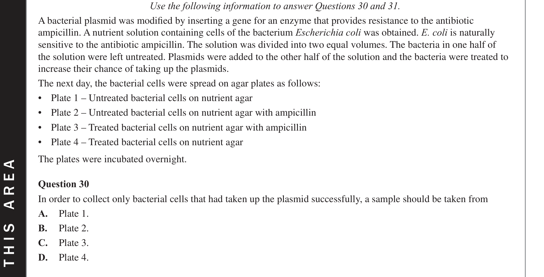 Biology 2020 Exam Question 30 — Recombinant plasmids and bacterial transformation