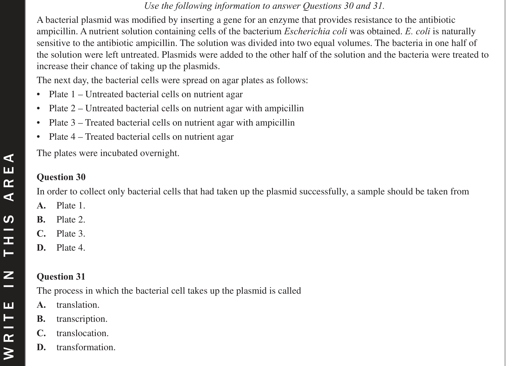Biology 2020 Exam Question 31 — Recombinant plasmids and bacterial transformation