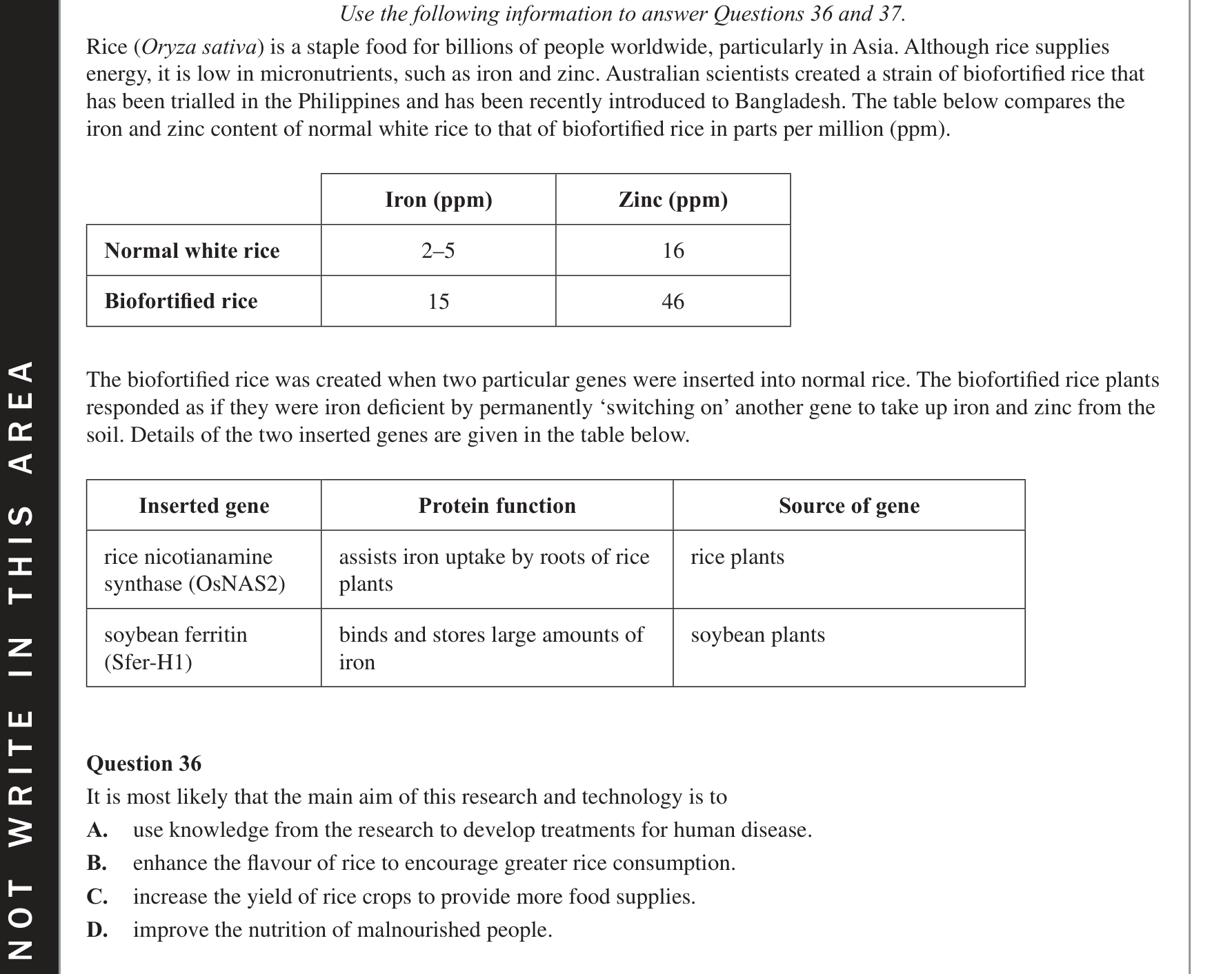 Biology 2020 Exam Question 36 — Genetically modified and transgenic organisms, Agricultural applications of gene technology
