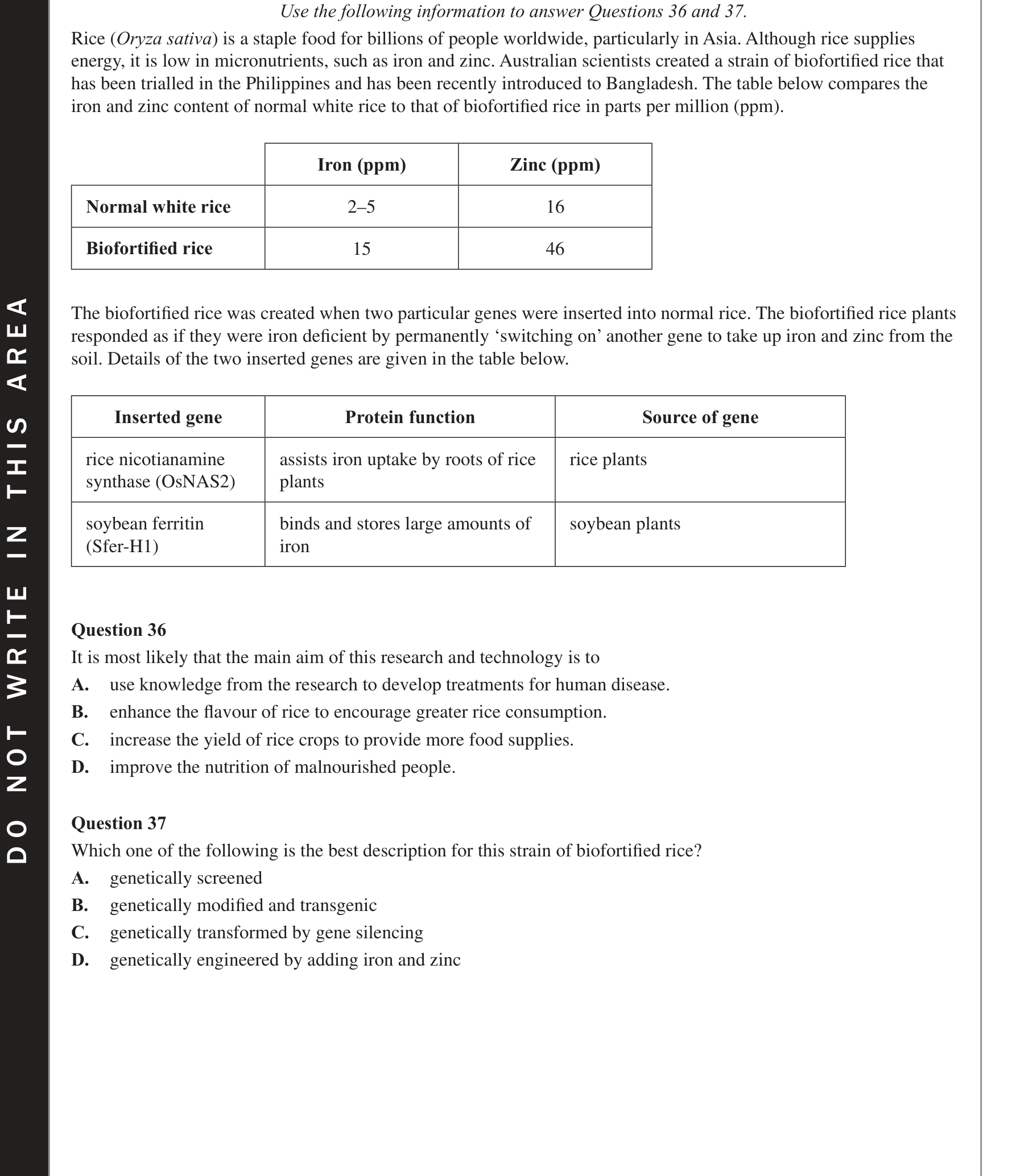 Biology 2020 Exam Question 37 — Genetically modified and transgenic organisms, Agricultural applications of gene technology