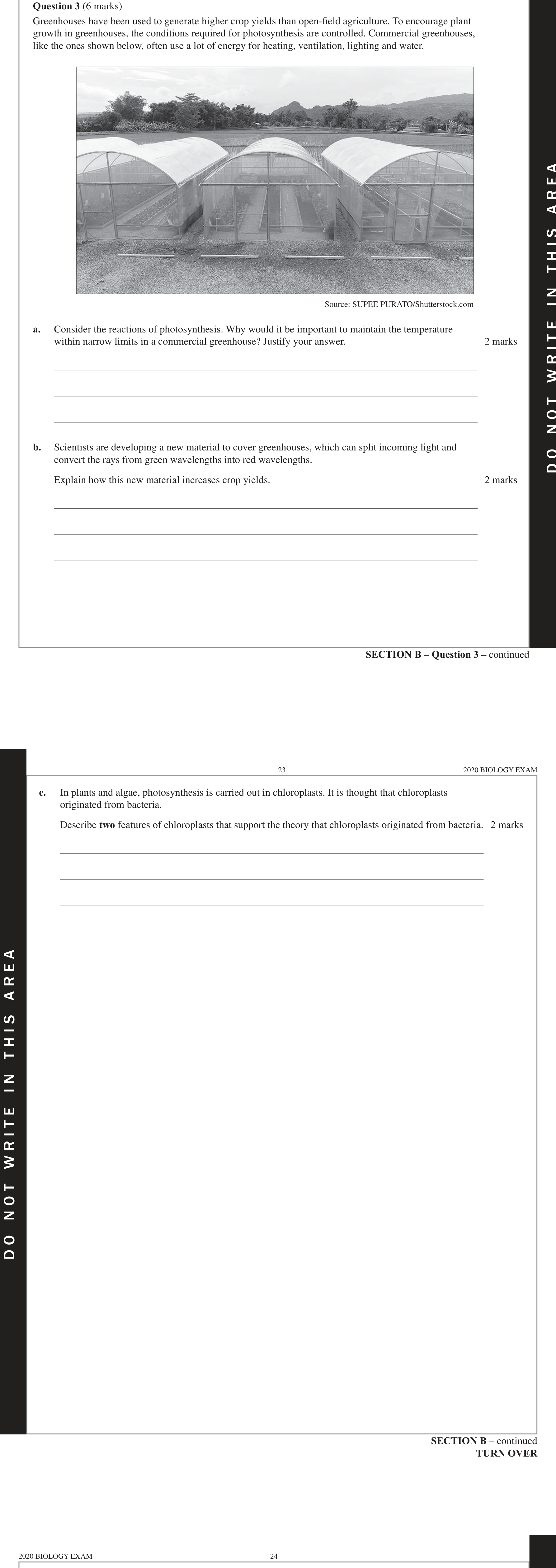 Biology 2020 Exam Question 3(b) — Factors affecting photosynthesis rate, Light dependent stage inputs and outputs