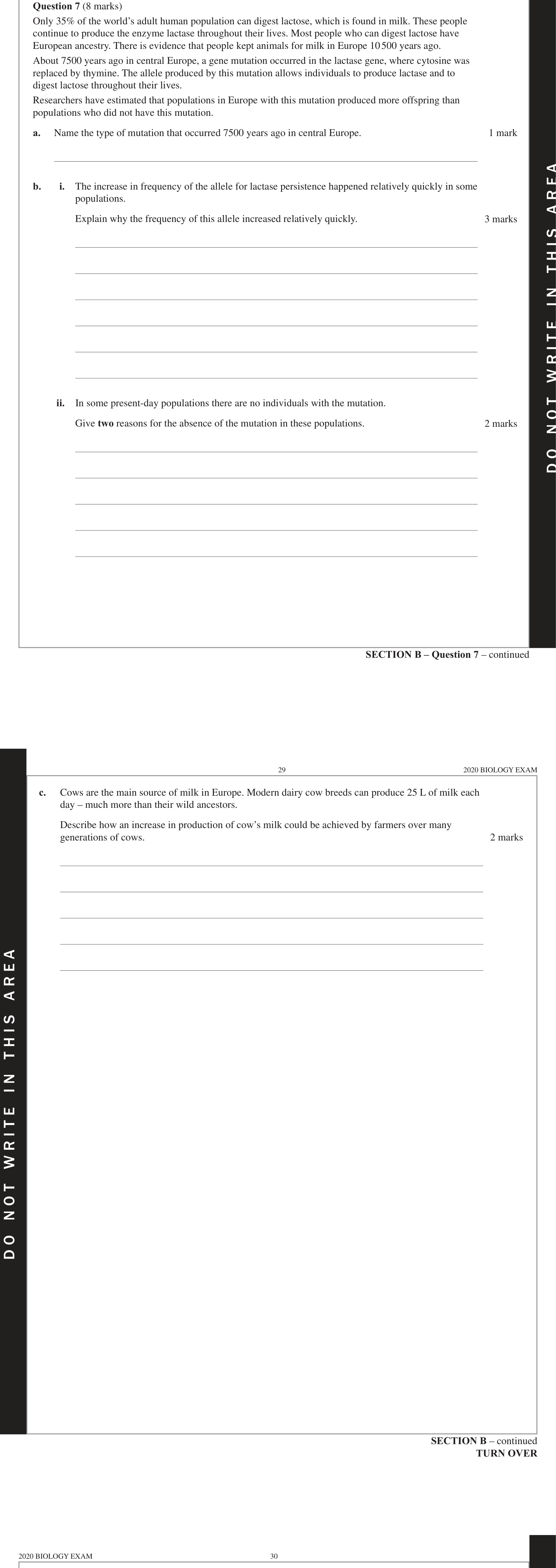Biology 2020 Exam Question 7(b)(i) — Environmental selection pressures, Consequences of changing allele frequencies