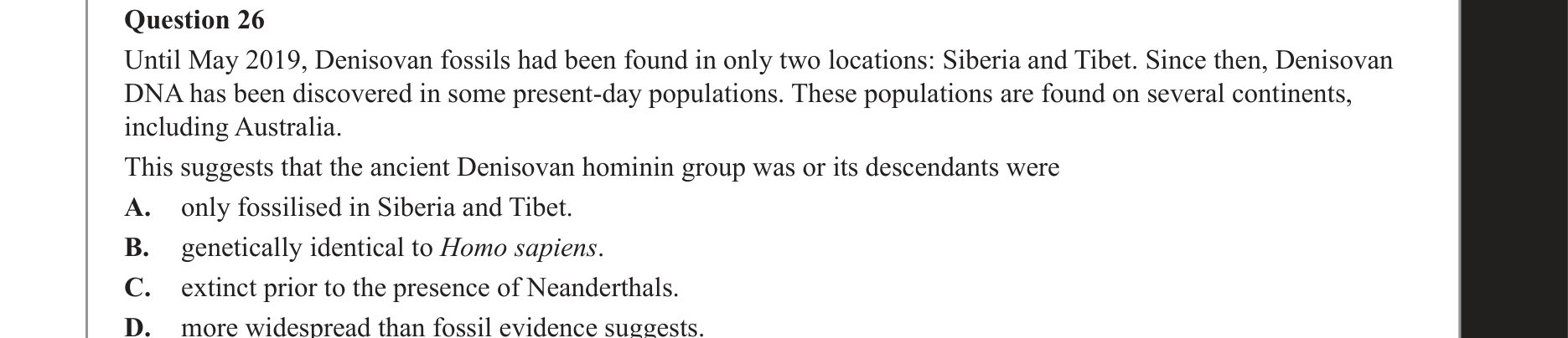Biology 2021 Exam Question 26 — mtDNA and whole genome migration evidence, Homo sapiens and Homo neanderthalensis interbreeding