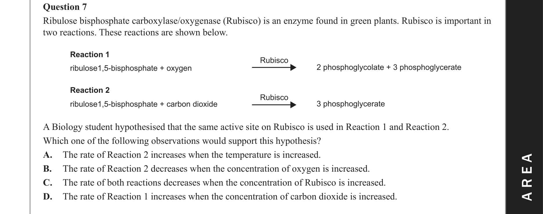 Biology 2021 Exam Question 7 — Rubisco role in carbon fixation, Competitive and non-competitive inhibitors