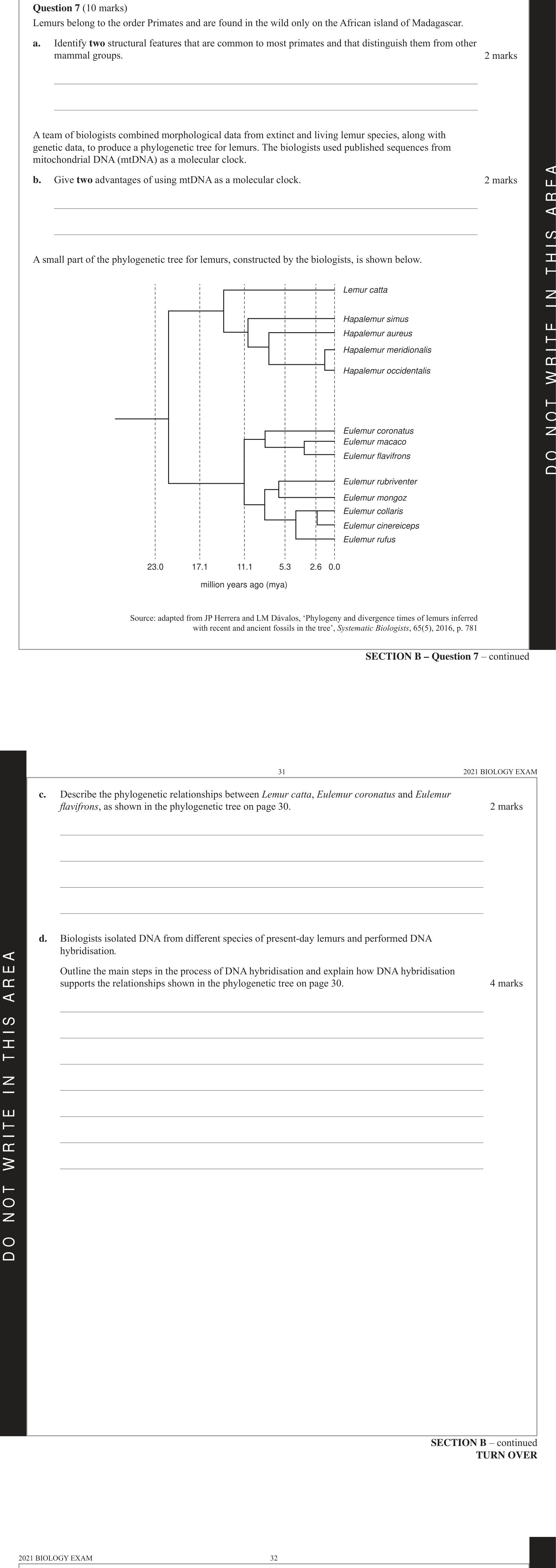 Biology 2021 Exam Question 7(c) — Phylogenetic tree construction and interpretation