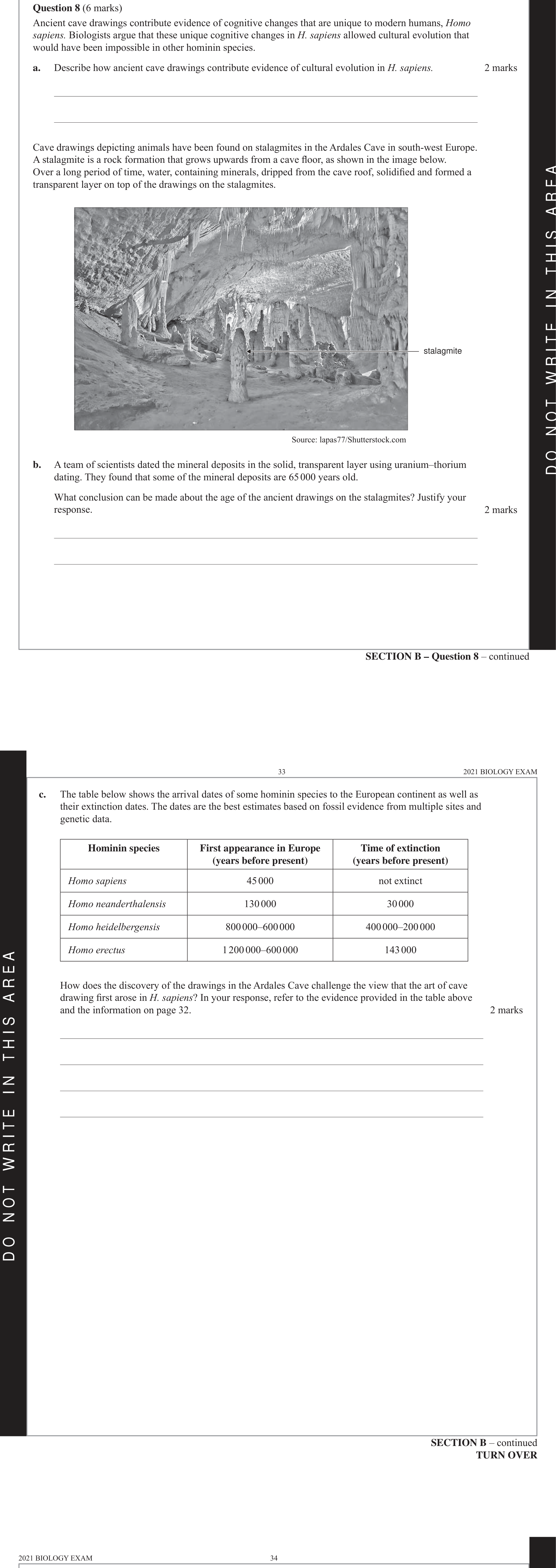 Biology 2021 Exam Question 8(c) — Contested fossil record interpretations, Homo sapiens and Homo neanderthalensis interbreeding