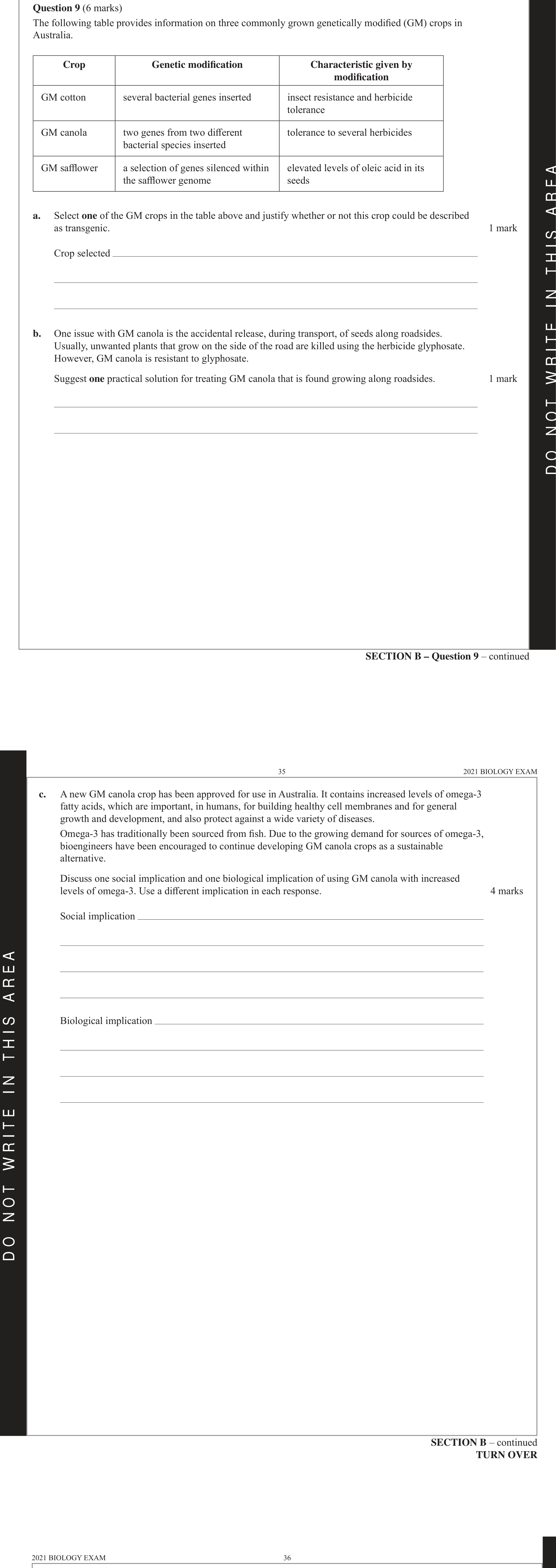 Biology 2021 Exam Question 9(a) — Genetically modified and transgenic organisms