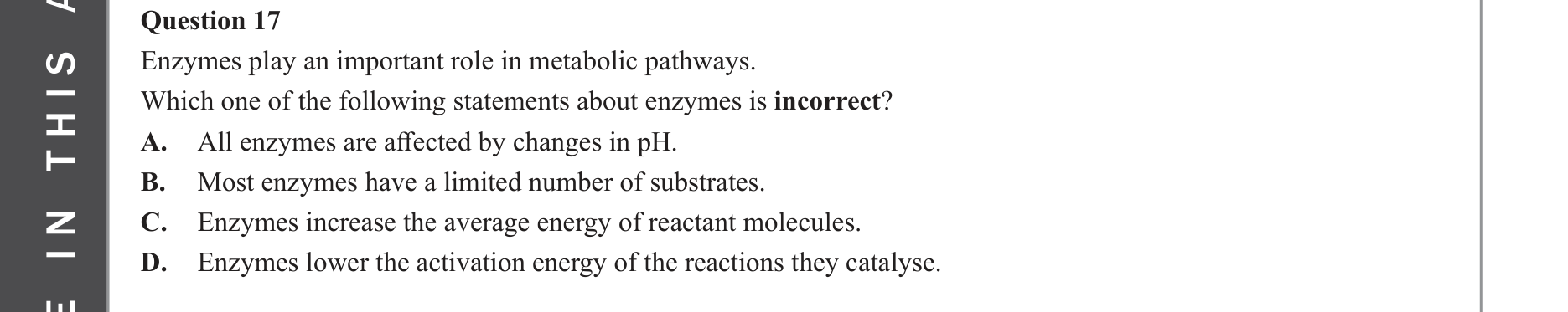 Biology 2022 Exam Question 17 — General enzyme and coenzyme roles, Factors affecting enzyme function