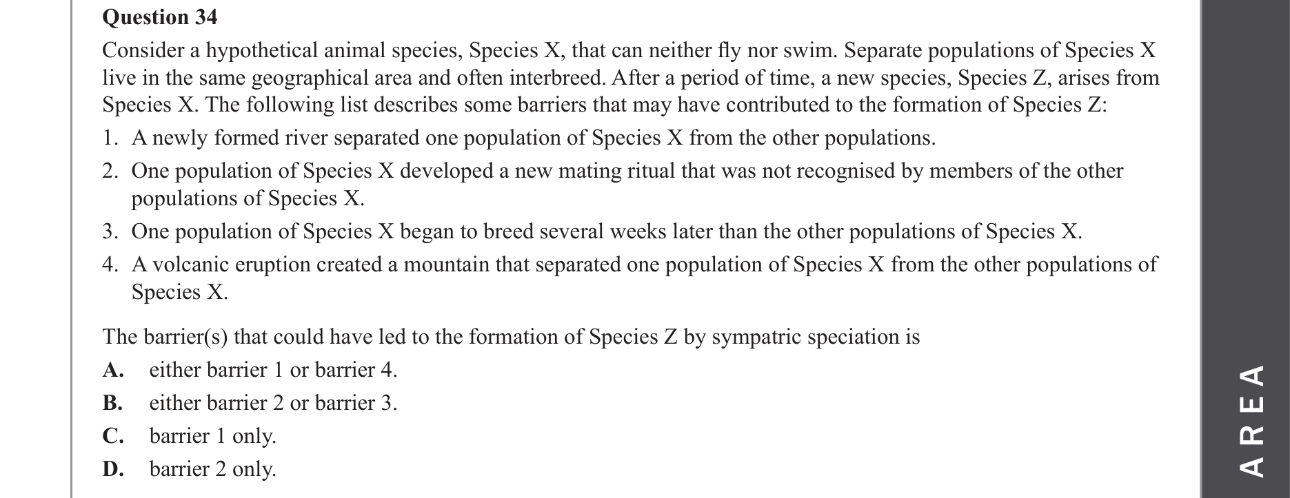 Biology 2022 Exam Question 34 — Sympatric speciation: Howea palms, Isolation and genetic divergence