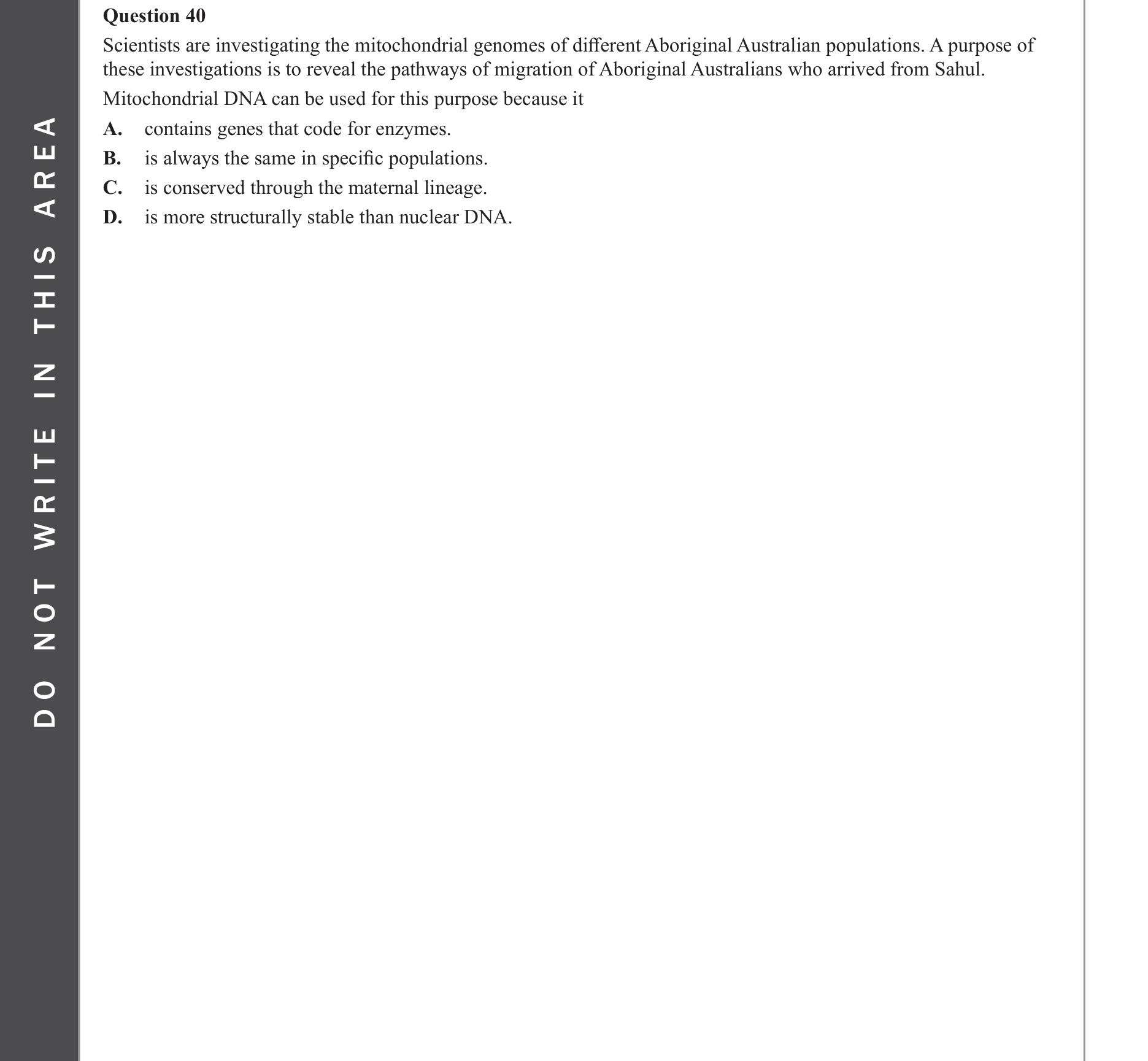 Biology 2022 Exam Question 40 — mtDNA and whole genome migration evidence, Aboriginal and Torres Strait Islander migration