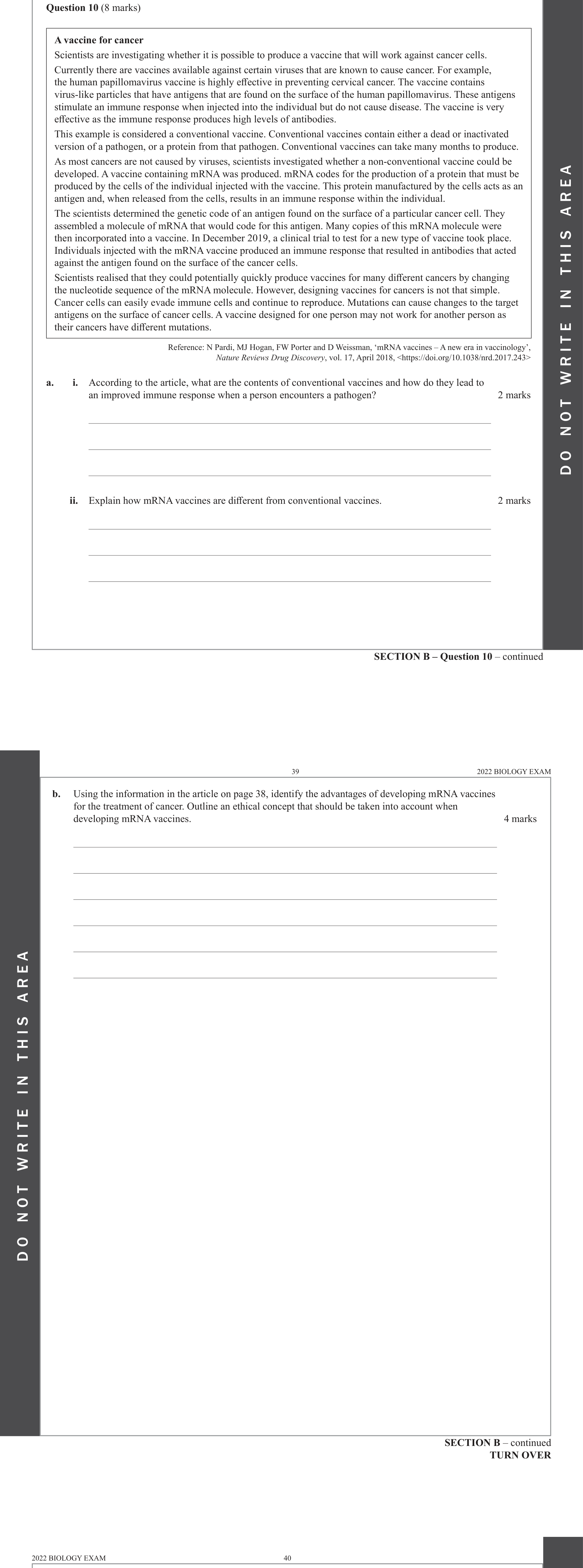 Biology 2022 Exam Question 10(b) — Monoclonal antibodies and immunotherapy, Ethical guidelines and bioethics concepts