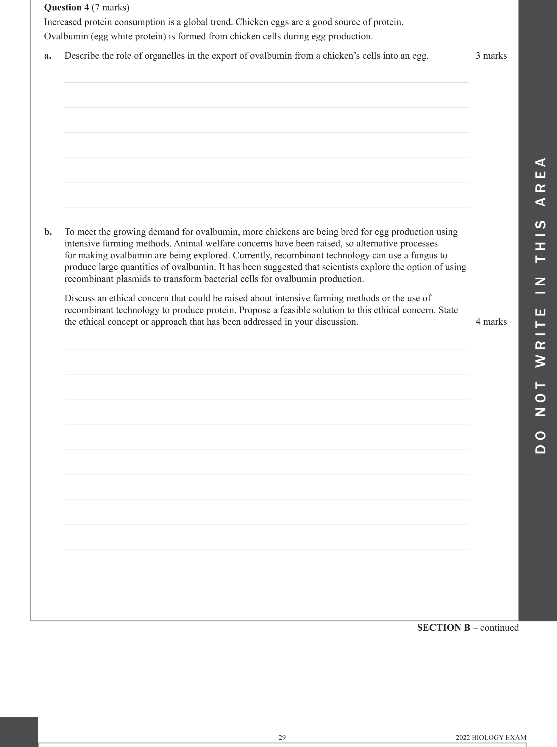 Biology 2022 Exam Question 4(b) — Recombinant plasmids and bacterial transformation, Ethical guidelines and bioethics concepts