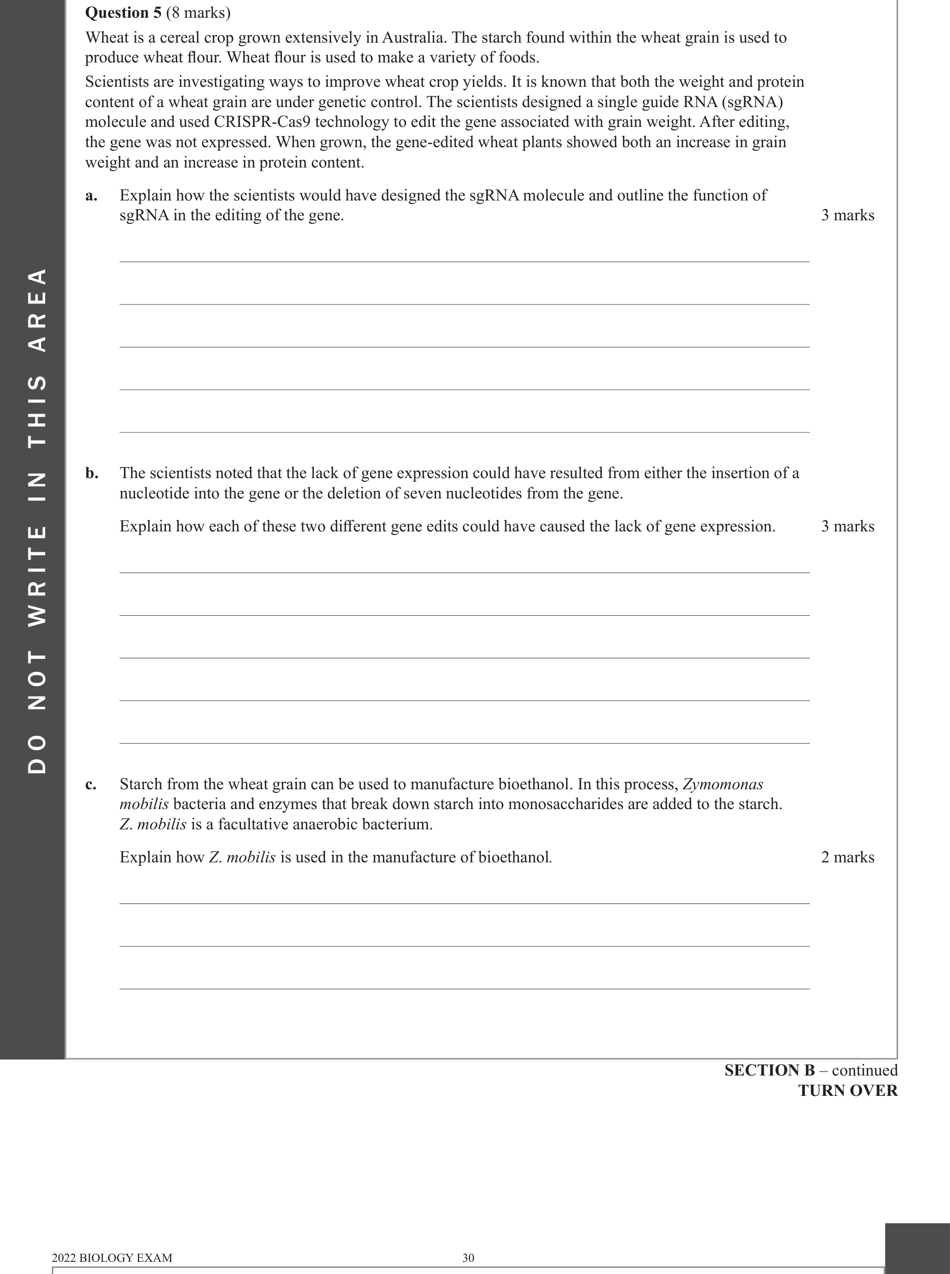 Biology 2022 Exam Question 5(c) — Anaerobic fermentation in yeasts, Biofuel production from biomass