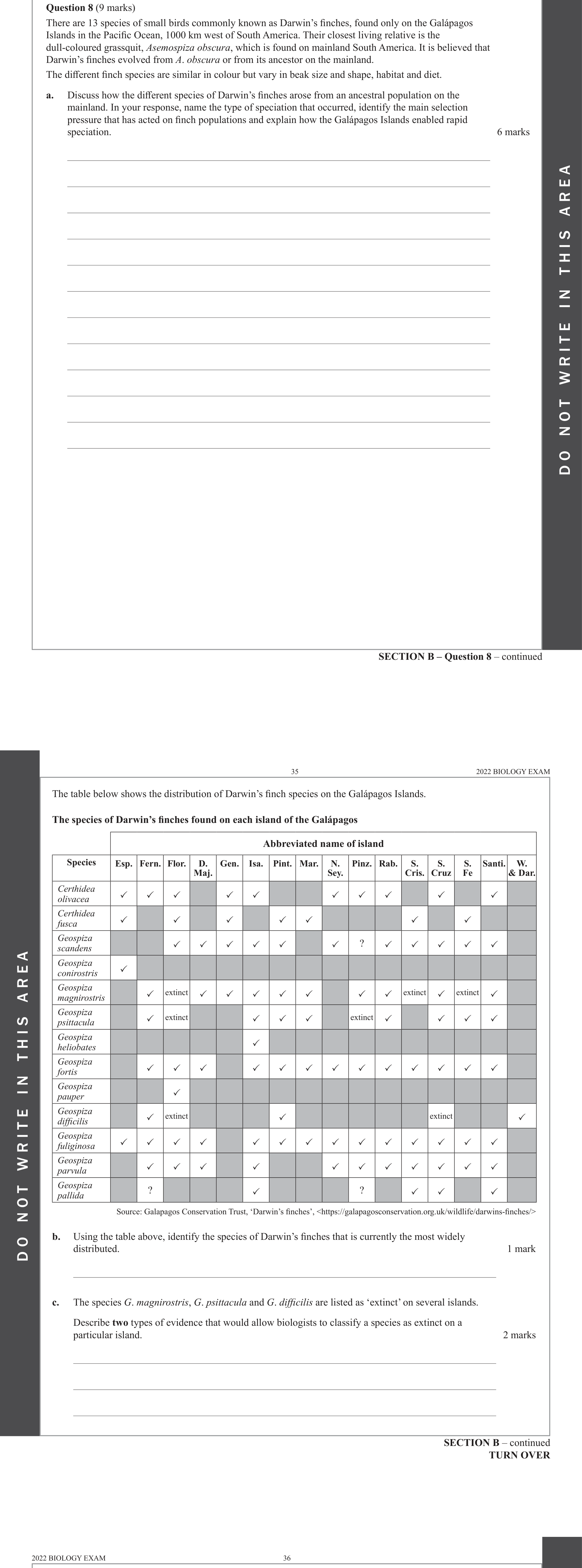 Biology 2022 Exam Question 8(a) — Allopatric speciation: Galapagos finches, Isolation and genetic divergence, Environmental selection pressures