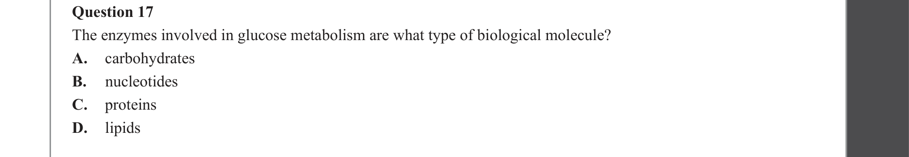 Biology 2023 Exam Question 17 — General enzyme and coenzyme roles, Hierarchical protein structure levels