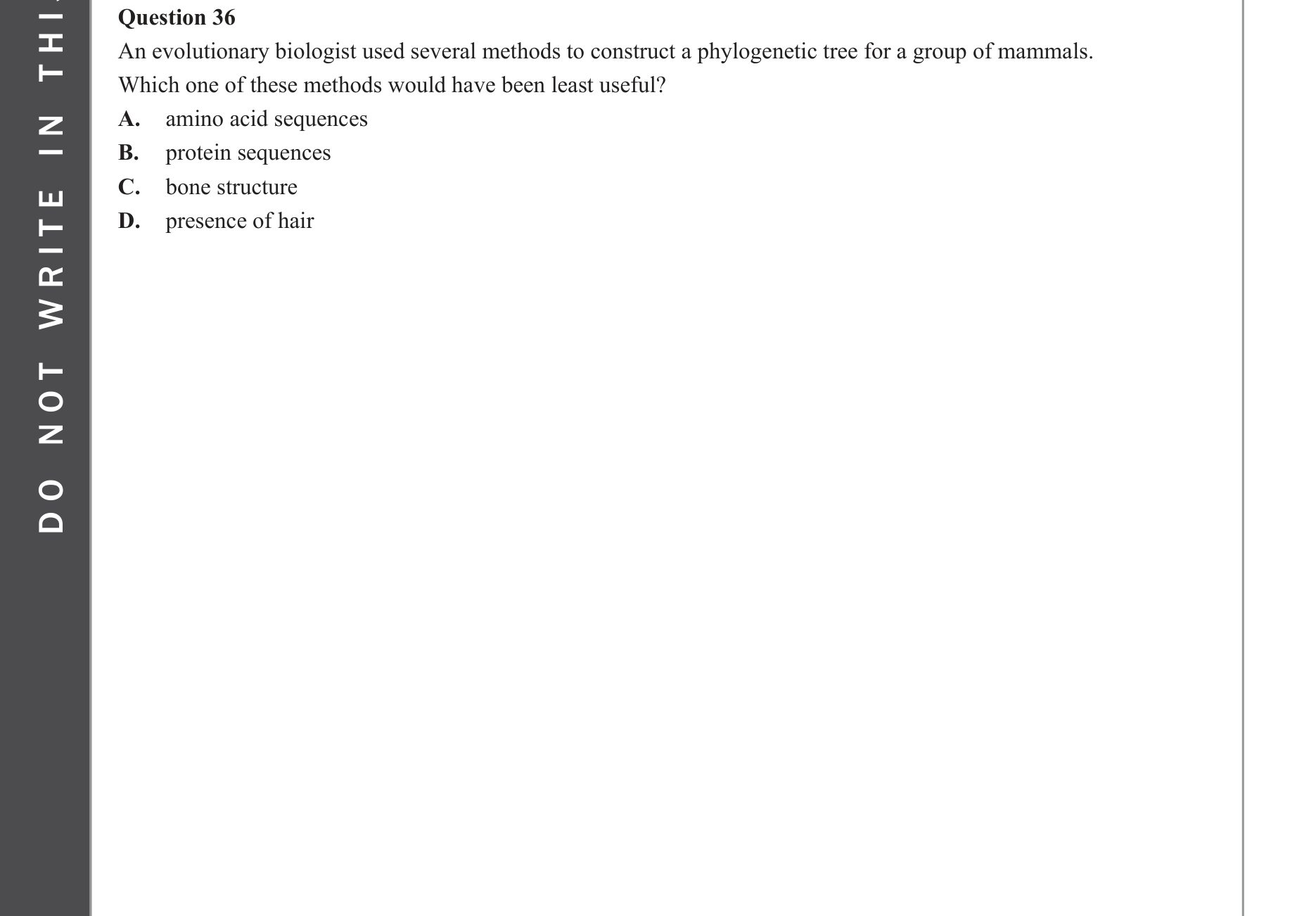 Biology 2023 Exam Question 36 — Phylogenetic tree construction and interpretation, Molecular evidence for evolution