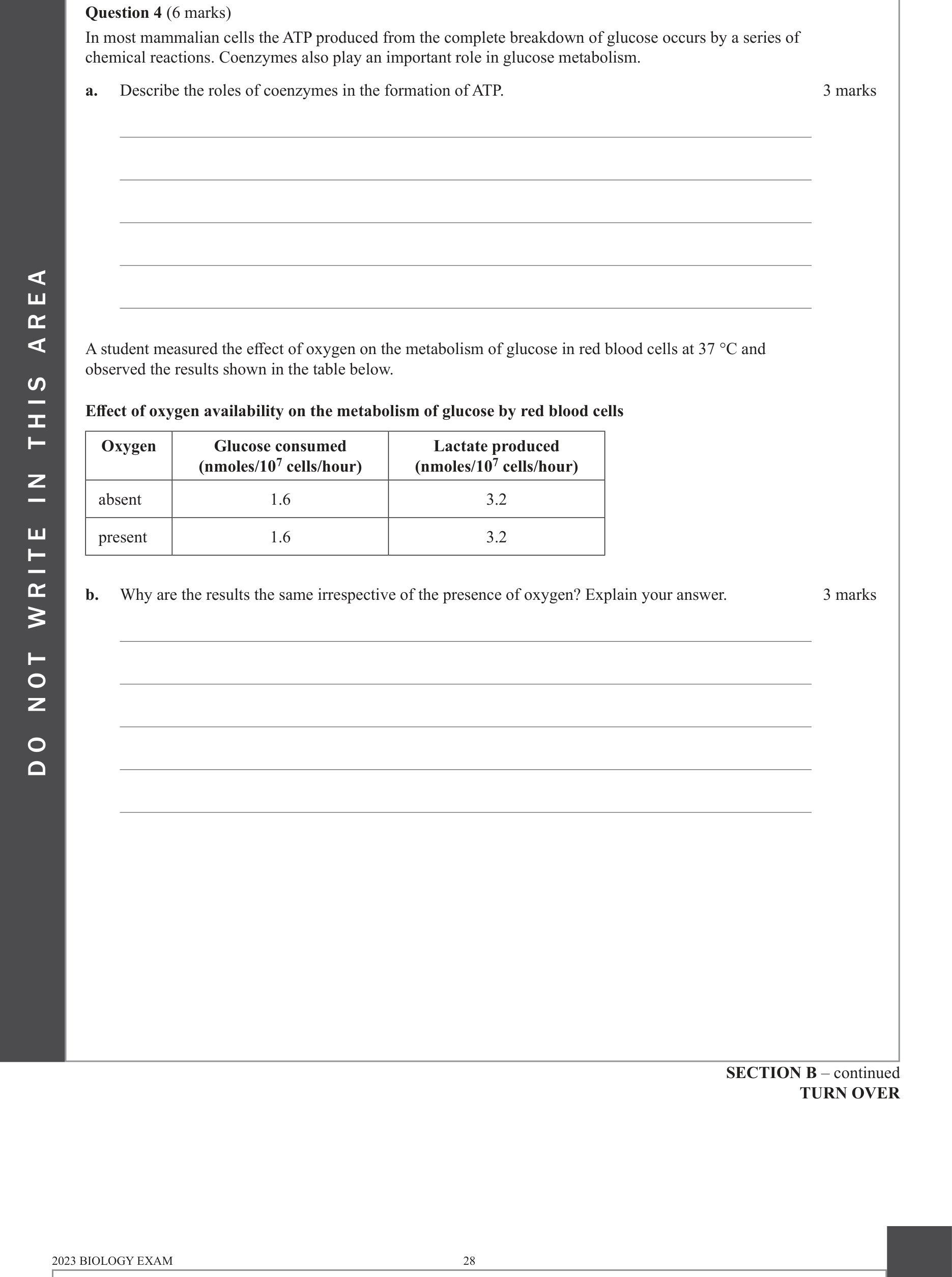 Biology 2023 Exam Question 4(b) — Anaerobic fermentation in animals, Glycolysis inputs, outputs and location