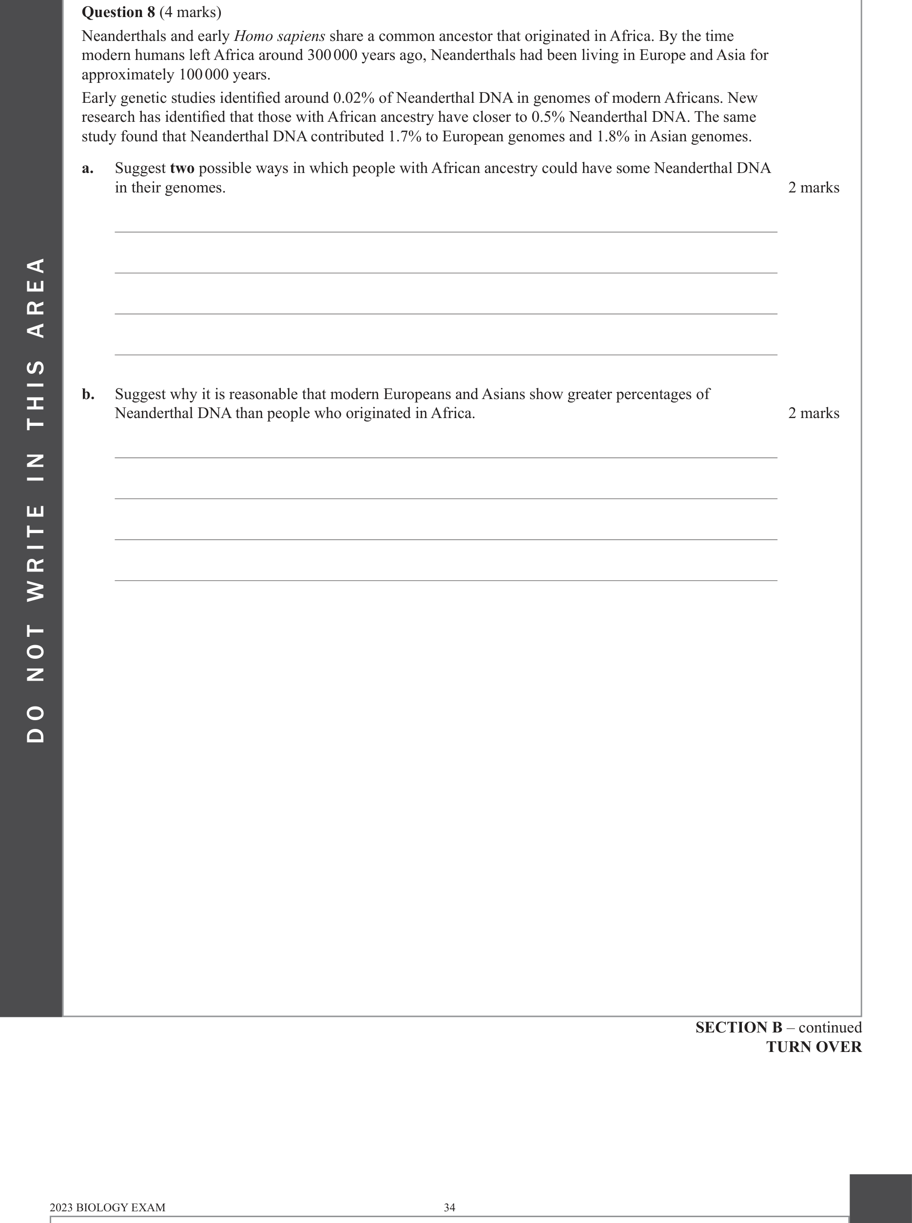 Biology 2023 Exam Question 8(b) — Homo sapiens and Homo neanderthalensis interbreeding, mtDNA and whole genome migration evidence