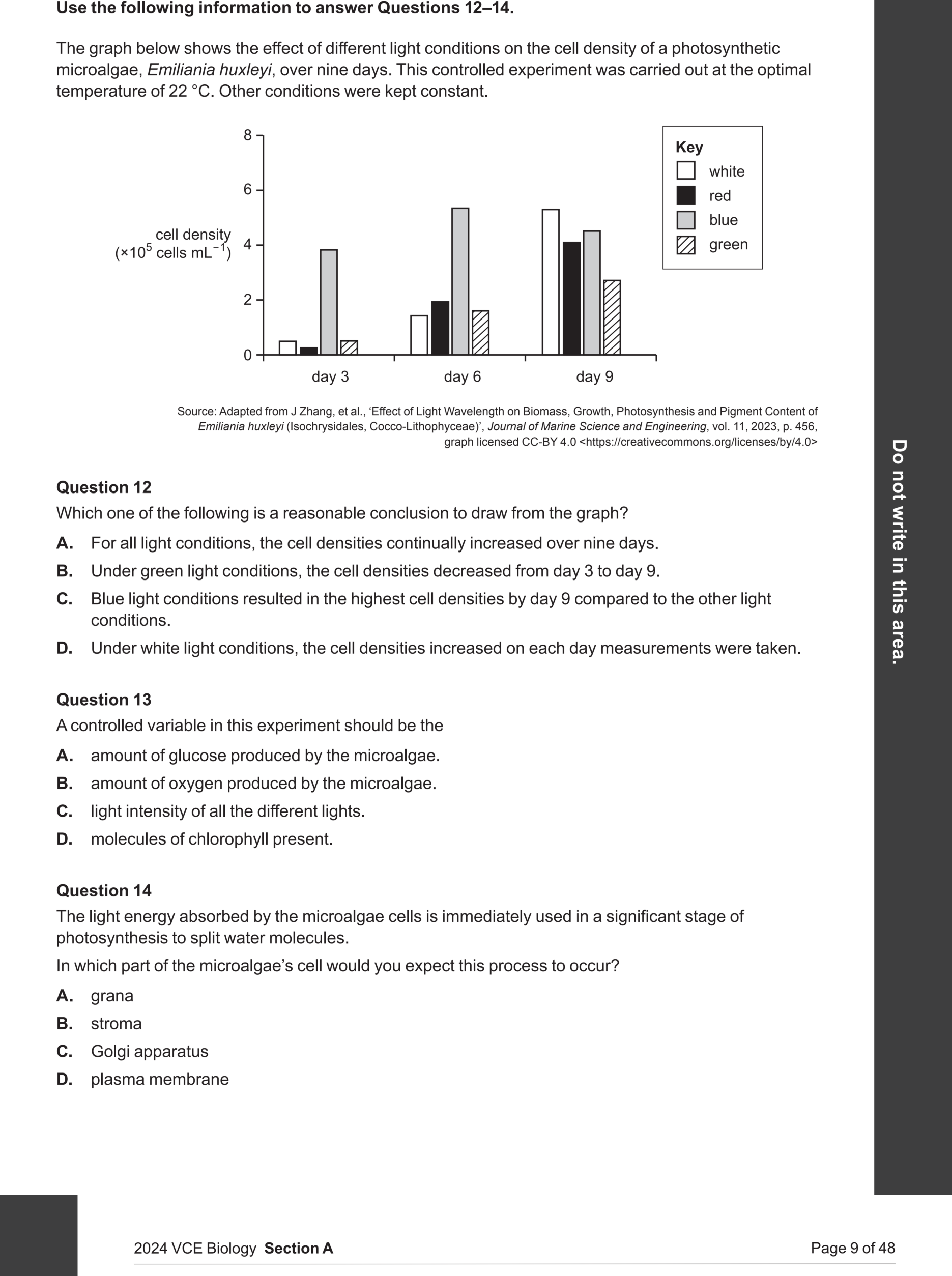 Biology 2024 Exam Question 14 — Light dependent stage inputs and outputs, Location of photosynthesis stages