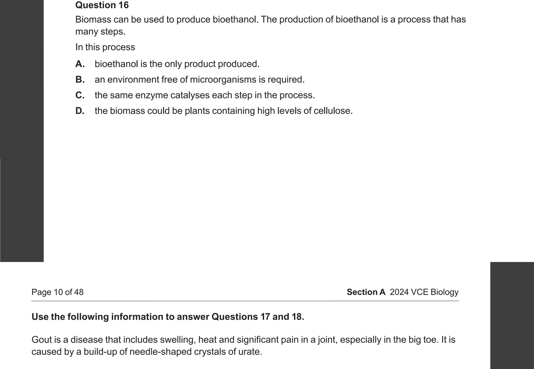 Biology 2024 Exam Question 16 — Biofuel production from biomass