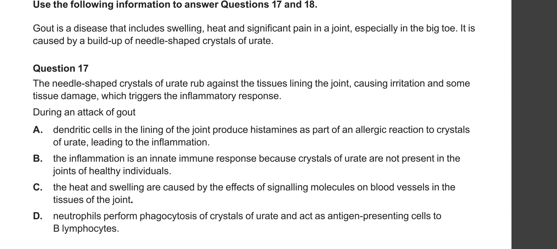 Biology 2024 Exam Question 17 — Inflammatory response steps, Innate immune cell roles
