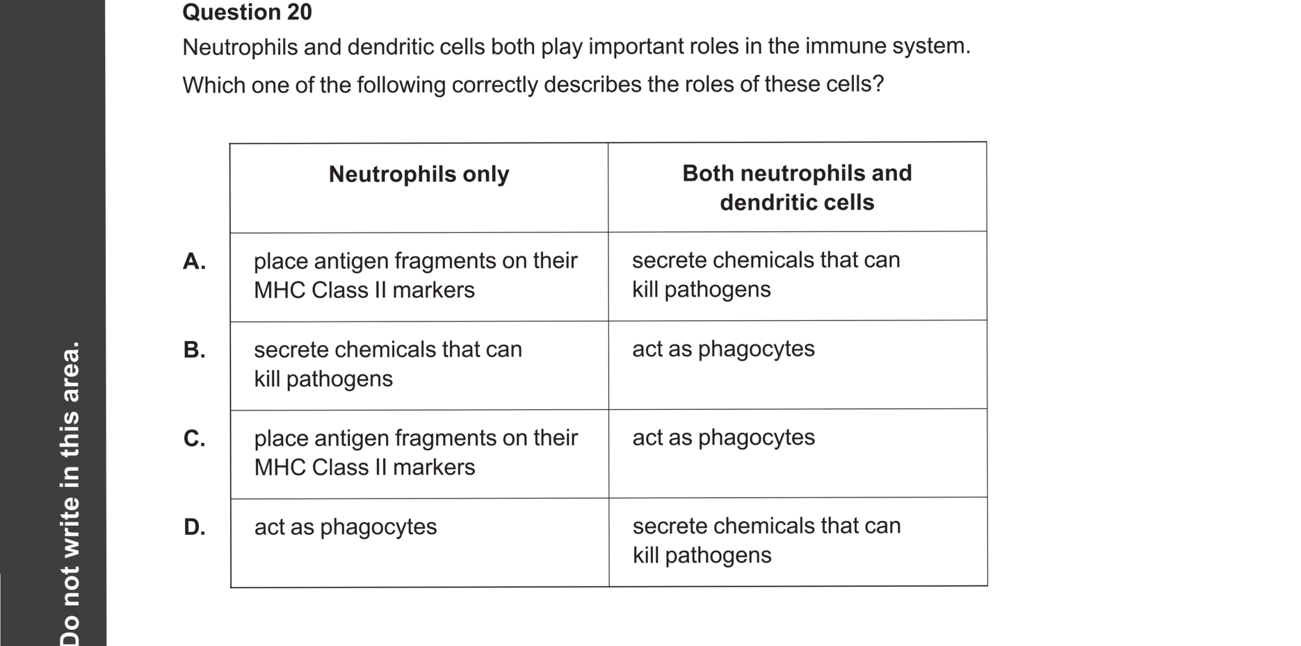 Biology 2024 Exam Question 20 — Innate immune cell roles, Antigen presentation and initiation
