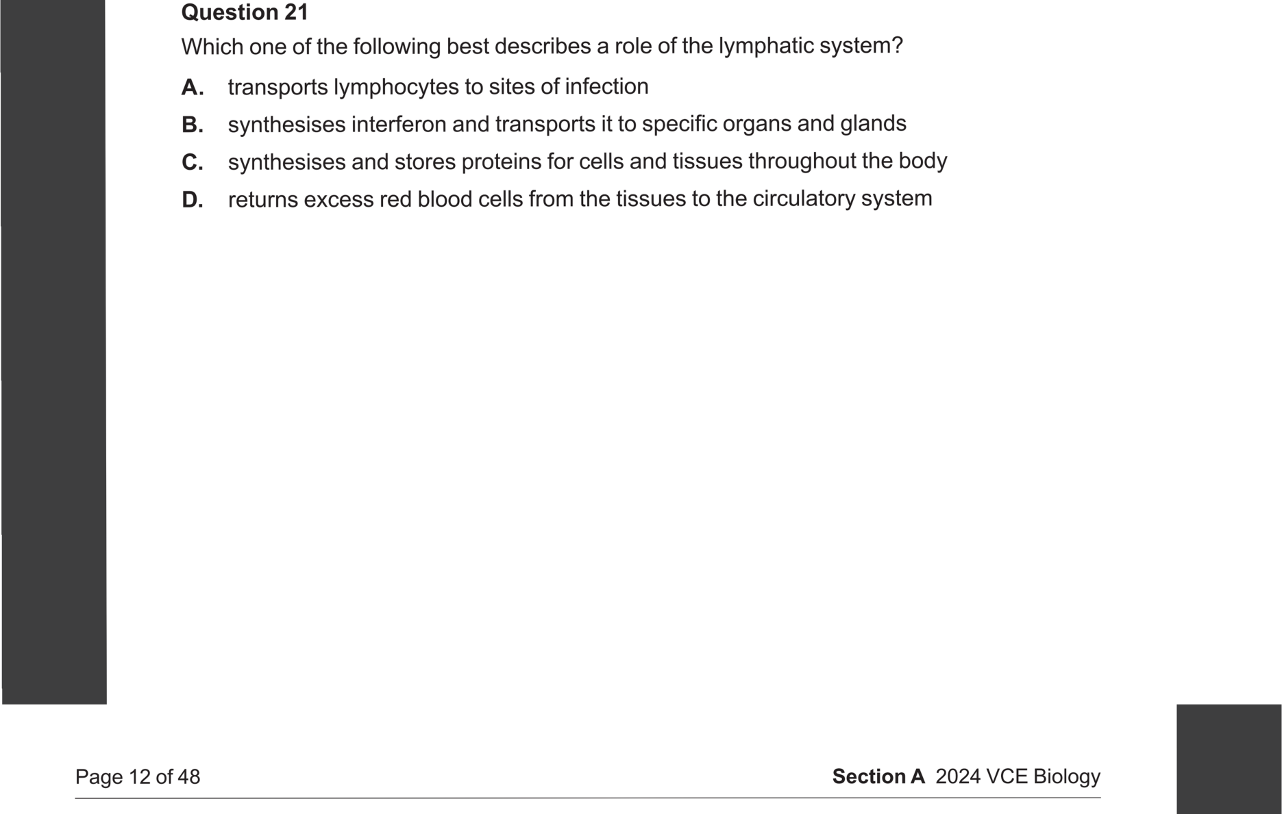 Biology 2024 Exam Question 21 — Lymphatic system and lymph nodes
