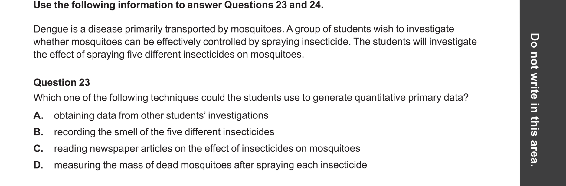 Biology 2024 Exam Question 23 — Primary data generation and recording
