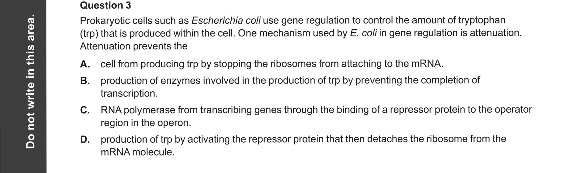 Biology 2024 Exam Question 3 — Prokaryotic trp operon regulation