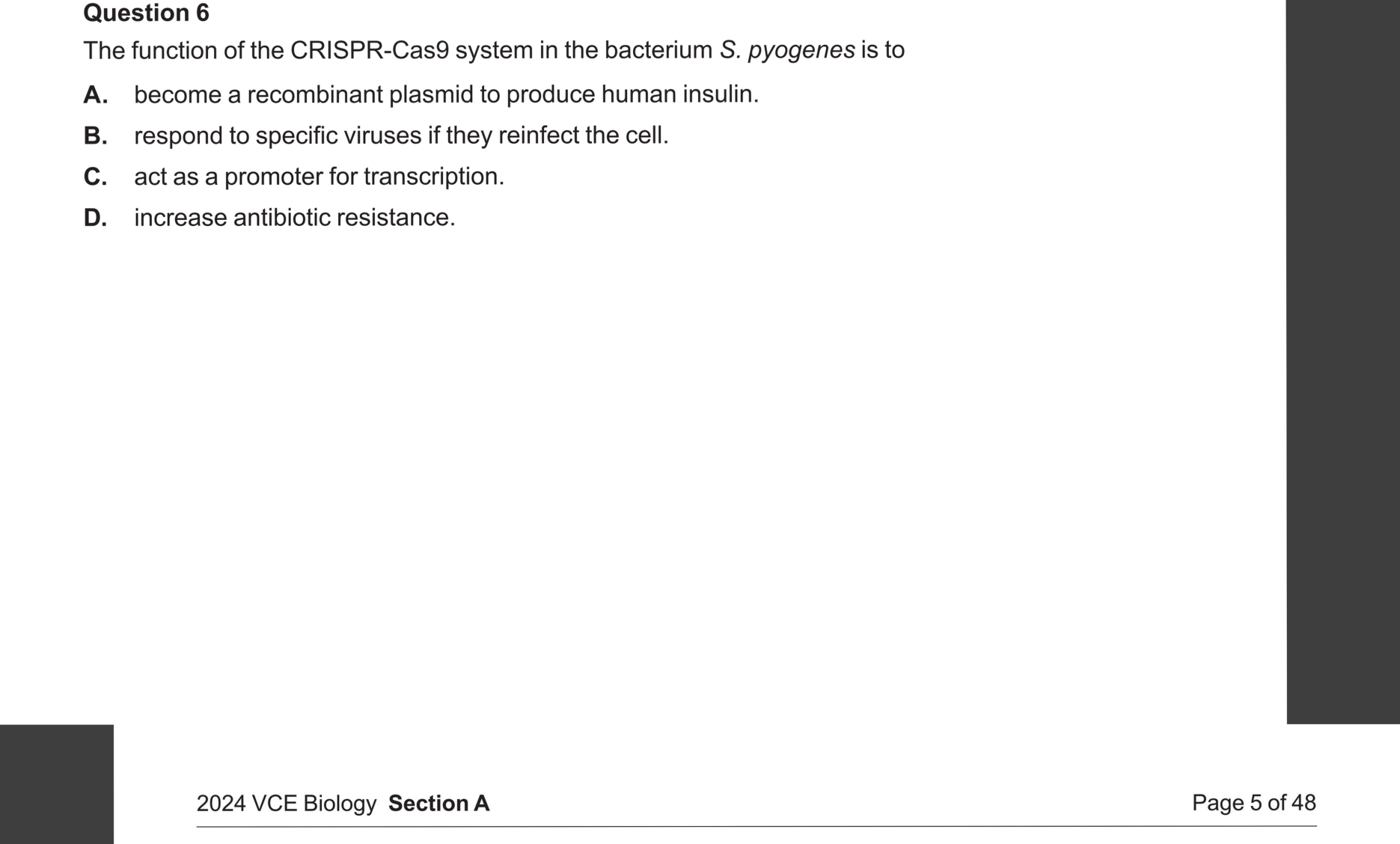 Biology 2024 Exam Question 6 — CRISPR-Cas9 function and genome editing