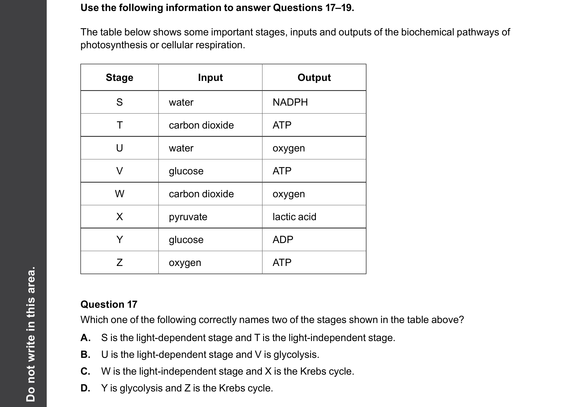 Biology 2025 Exam Question 17 — Light dependent stage inputs and outputs, Glycolysis inputs, outputs and location
