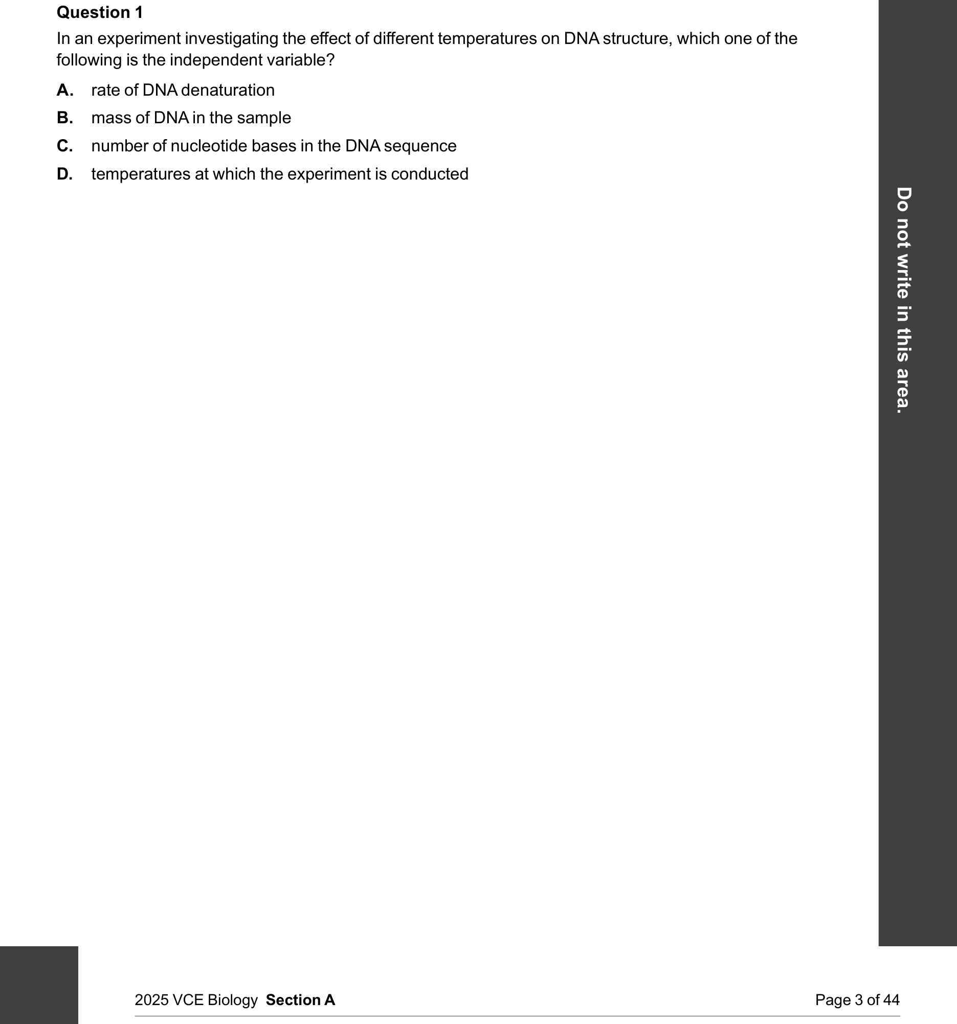 Biology 2025 Exam Question 1 — Independent, dependent and controlled variables